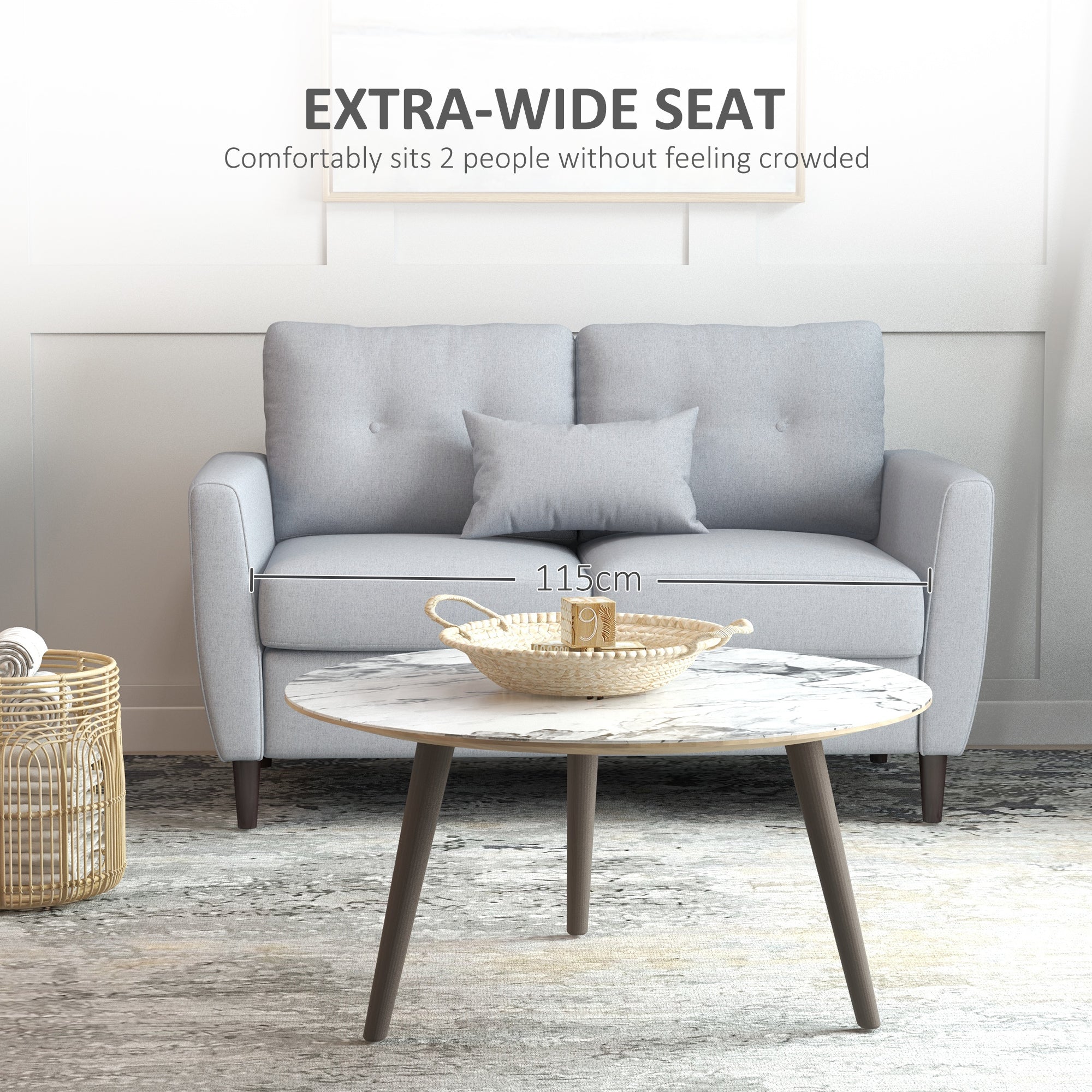 HOMCOM 2 Seater Sofa Double Sofa Loveseat Fabric Wooden Legs Tufted Design for Living Room, Dining Room, Office, Light Grey - North Peak Garden Furniture
