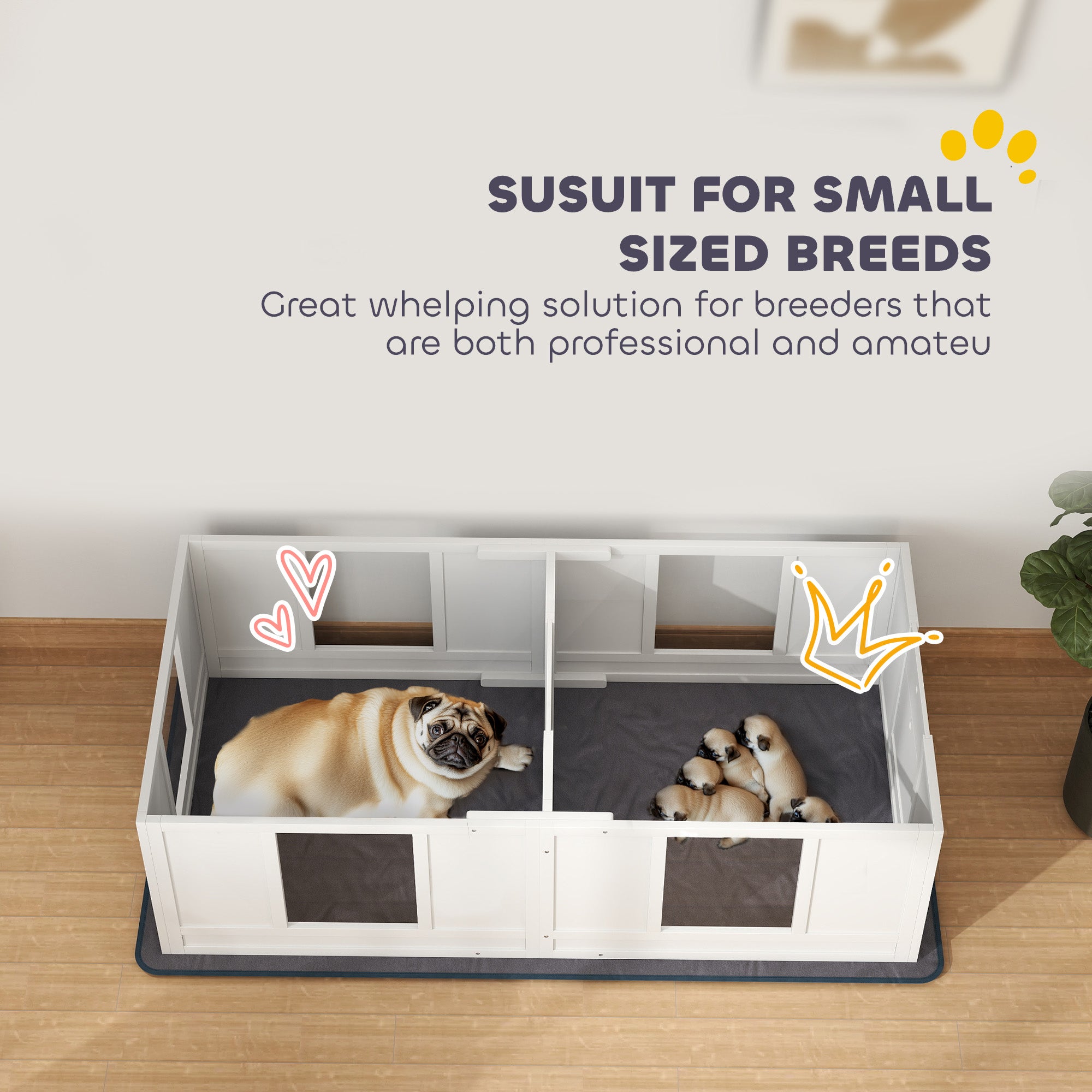 PawHut Two Room Design Whelping Box for Dogs with Whelping Pad, Clear Panels, Adjustable Entrance, for Small Dogs, 164 x 80cm