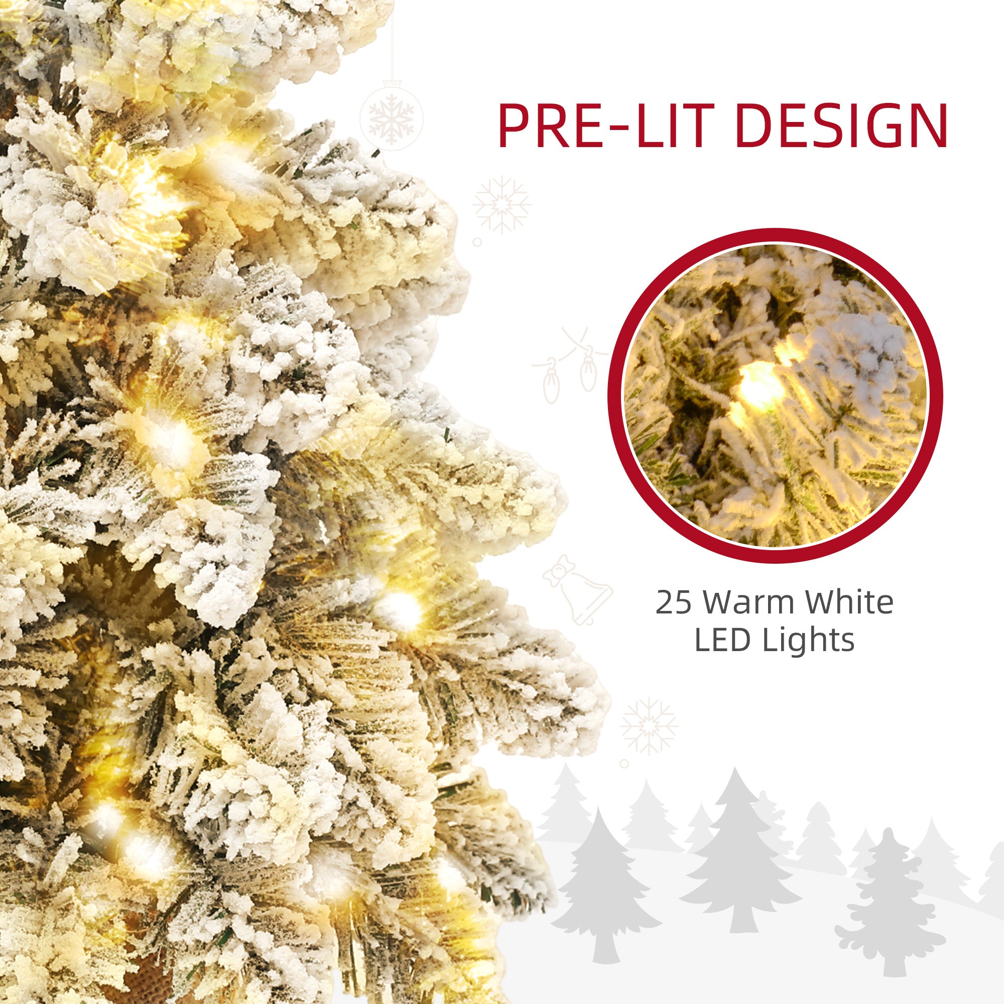 HOMCOM 1.5ft Mini Artificial Christmas Trees with Lights Set of 2, Snow Flocked Tabletop Christmas Trees with Base, Battery Operated, Desktop Party Decoration - North Peak Garden Furniture
