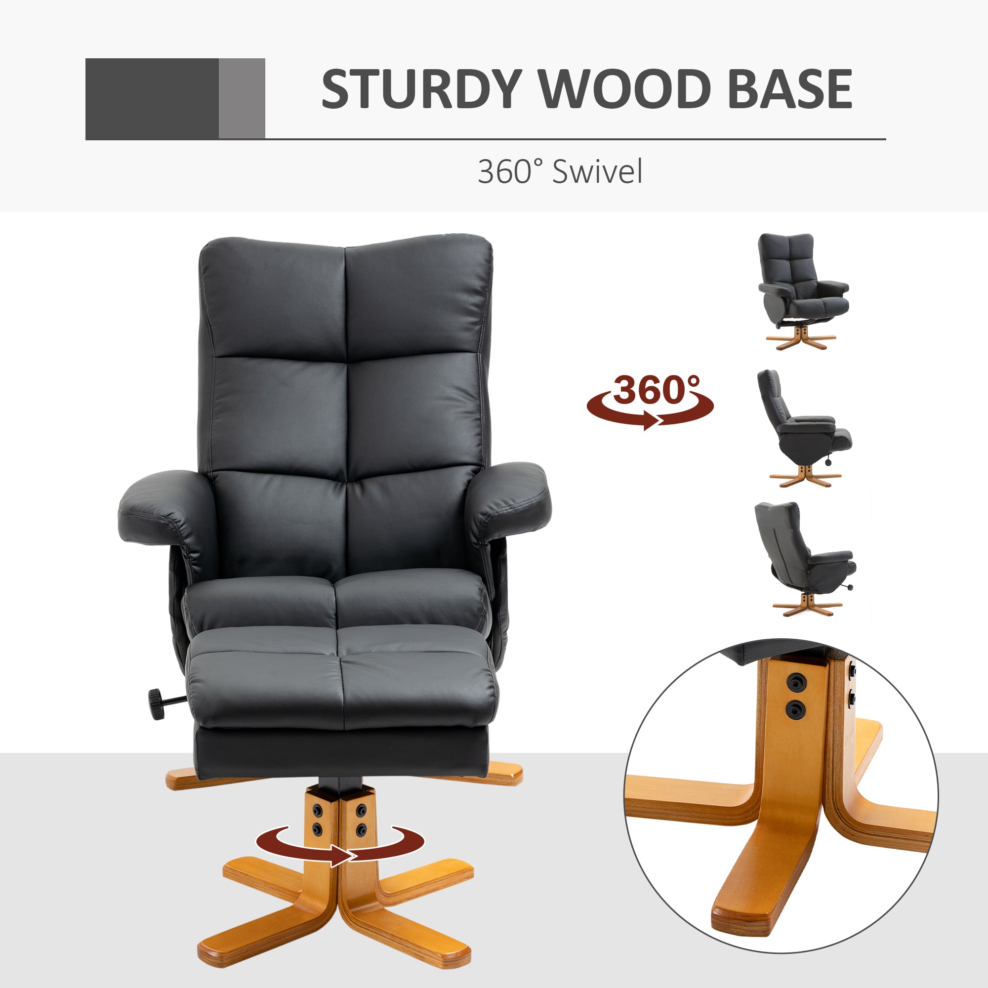 HOMCOM Recliner Armchair, Swivel Reclining Chair With Ottoman, Swivel Faux Leather Chair with Wooden Base and Storage Footstool for Living Room, Black - North Peak Garden Furniture