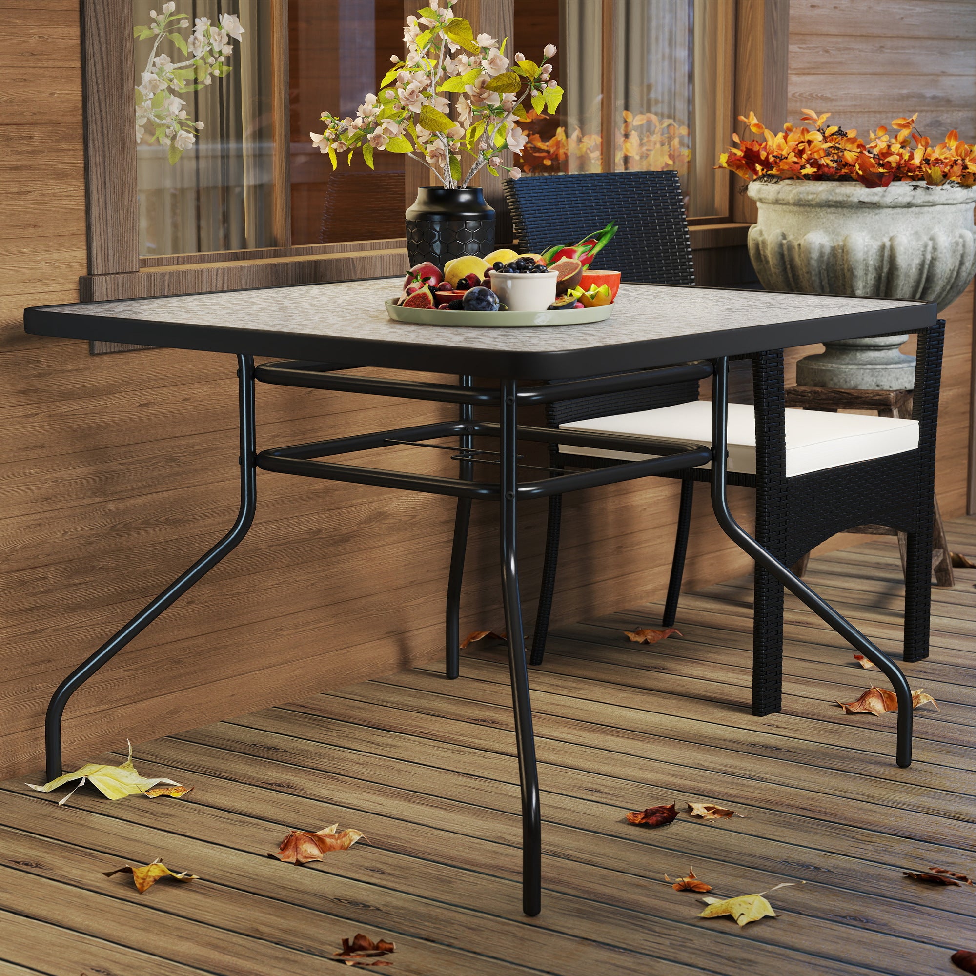Outsunny Square Garden Dining Table with Tempered Glass Top & Umbrella Hole, 100 x 100 cm - North Peak Garden Furniture