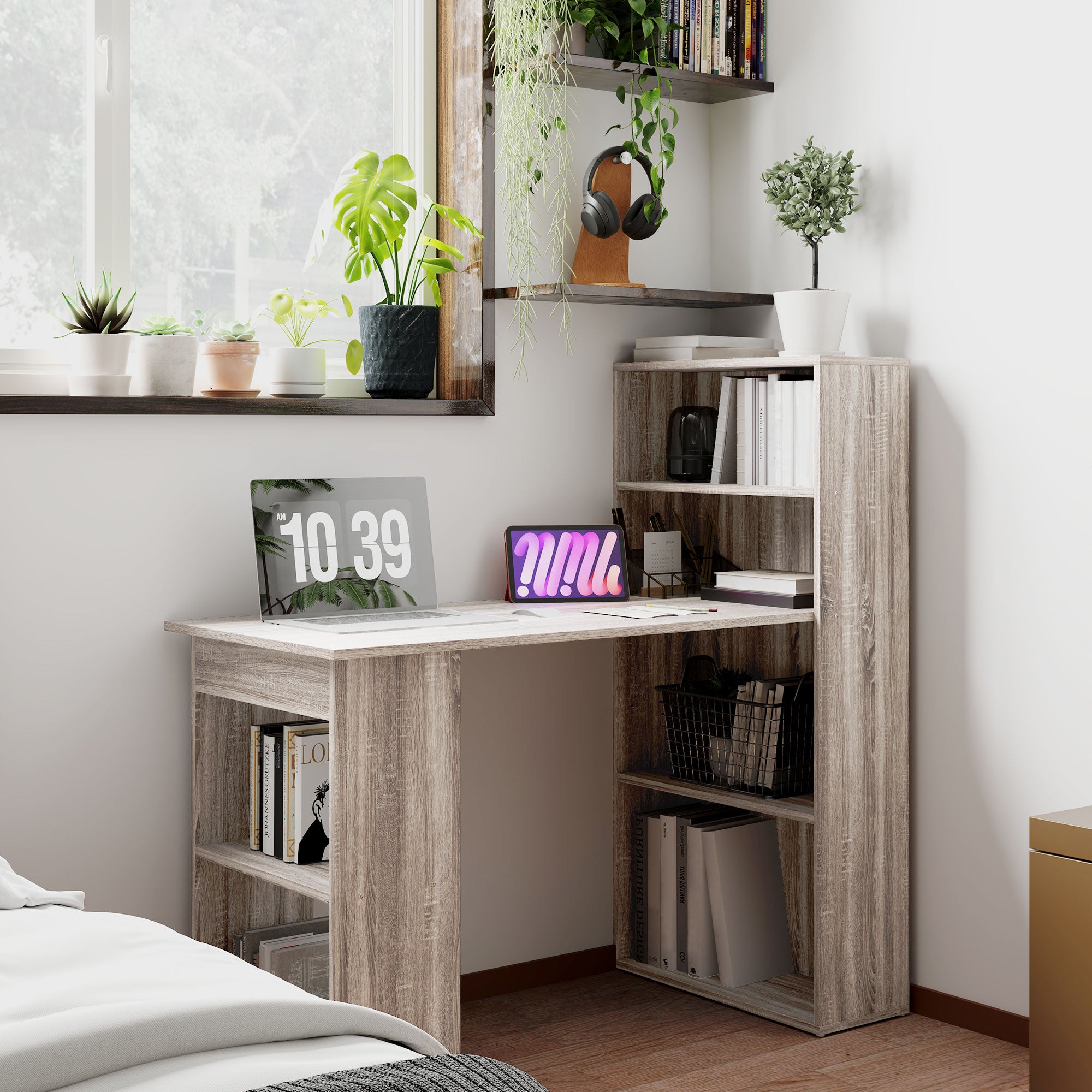 HOMCOM 120cm Modern Computer Desk Bookshelf Study Table Workstation PC Laptop Writing Home Office 6 Shelves, Grey Wood-Effect - North Peak Garden Furniture