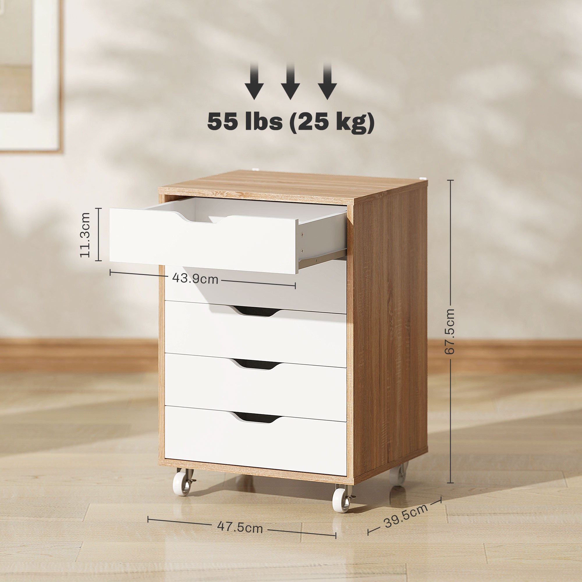 Vinsetto Five-Drawer Filing Cabinet, with Wheels - Oak Brown - North Peak Garden Furniture