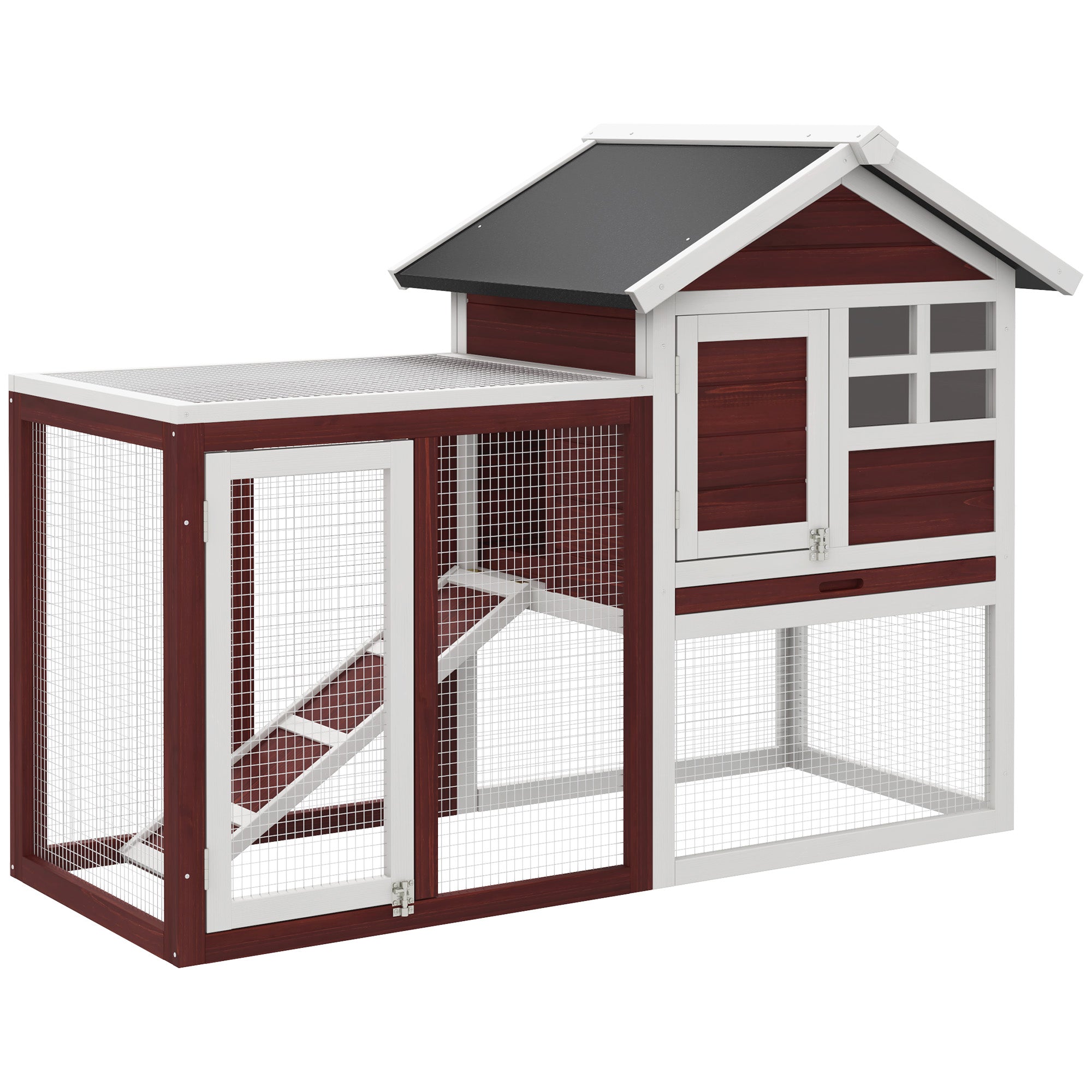 PawHut 122 Wooden Rabbit Hutch Bunny Cage with Waterproof Asphalt Roof, Fun Outdoor Run, Removable Tray and Ramp, Brown