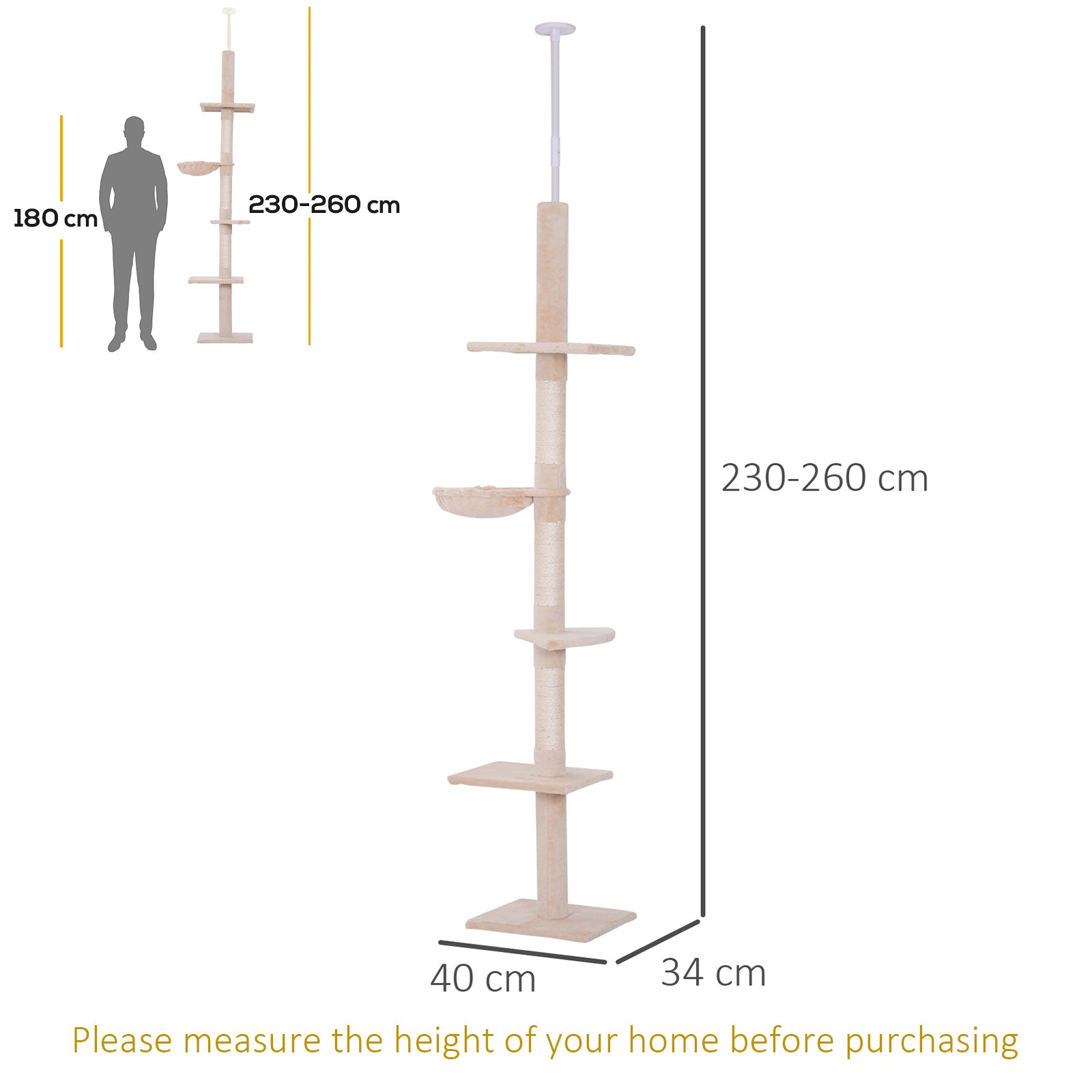 PawHut Floor to Ceiling Cat Tree for Indoor Cats 5-Tier Kitty Tower Climbing Activity Center Scratching Post Adjustable Height 230-260 cm Beige