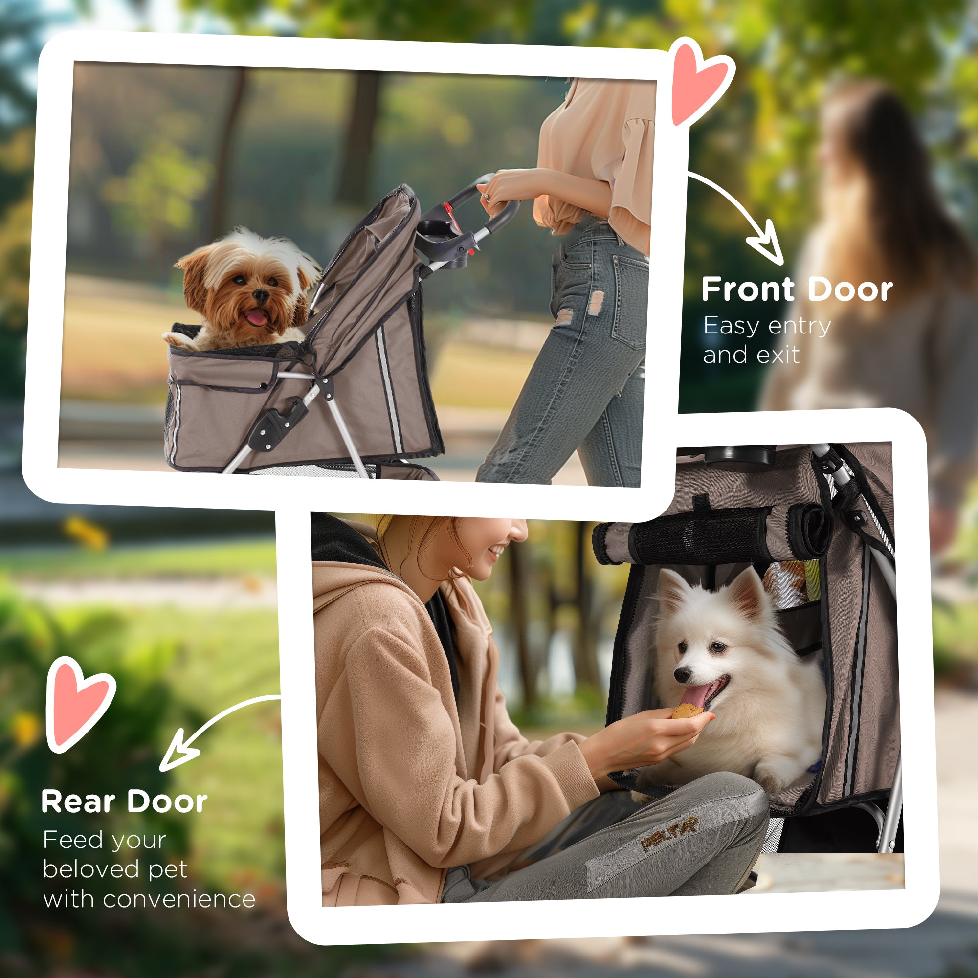 PawHut Dog Stroller, 3 Wheels Foldable Cat Dog Pram with Cup Holder, Storage Basket, Pet Stroller for Small Miniature Dogs, Brown - North Peak Garden Furniture