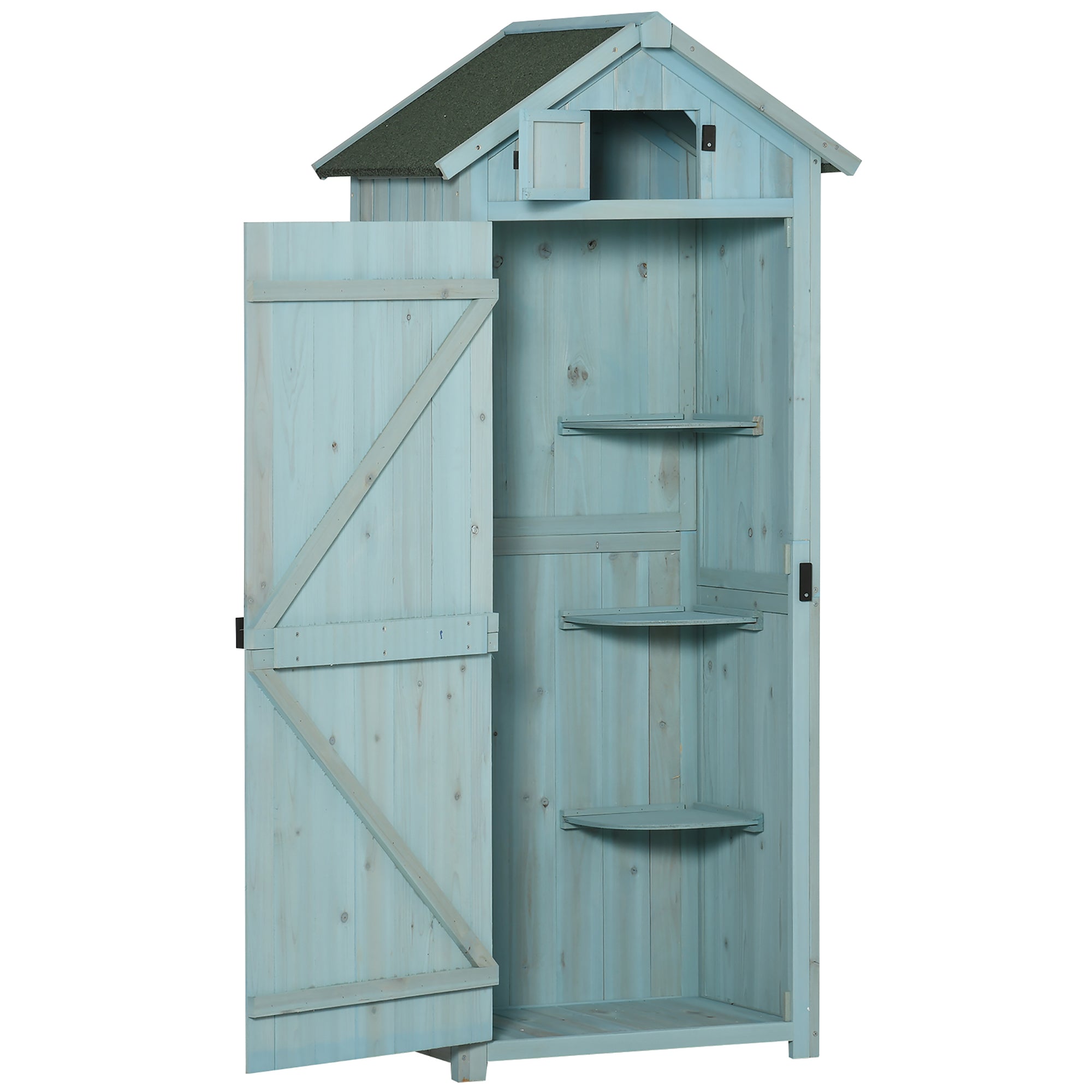 Outsunny Garden Shed Vertical Utility 3 Shelves Shed Wood Outdoor Garden Tool Storage Unit Storage Cabinet, 77 x 54.2 x 179cm - Blue | Aosom UK