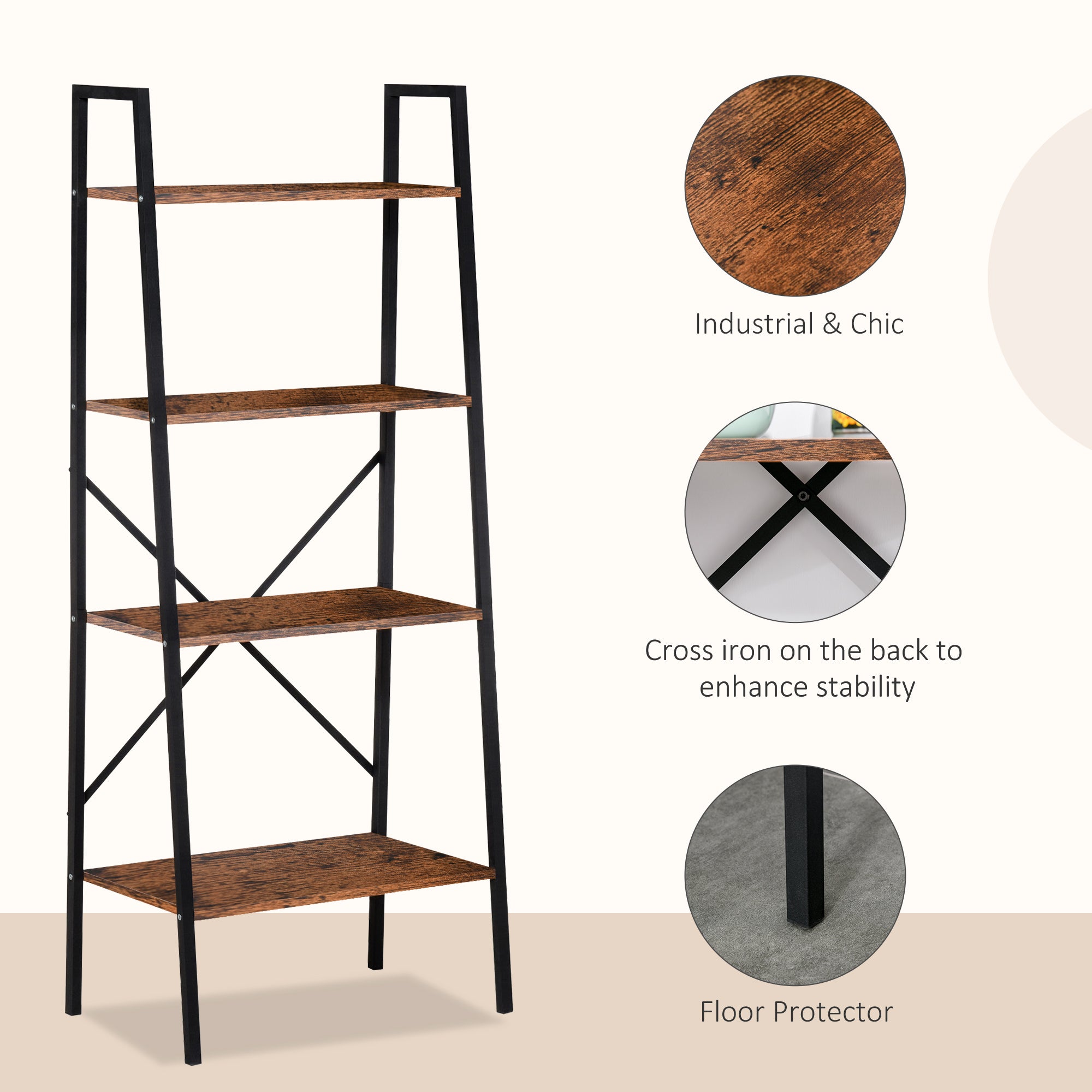 HOMCOM 4-Tier Vintage Ladder Shelf Bookcase Wood Storage Rack Stand Plants Display Black Brown