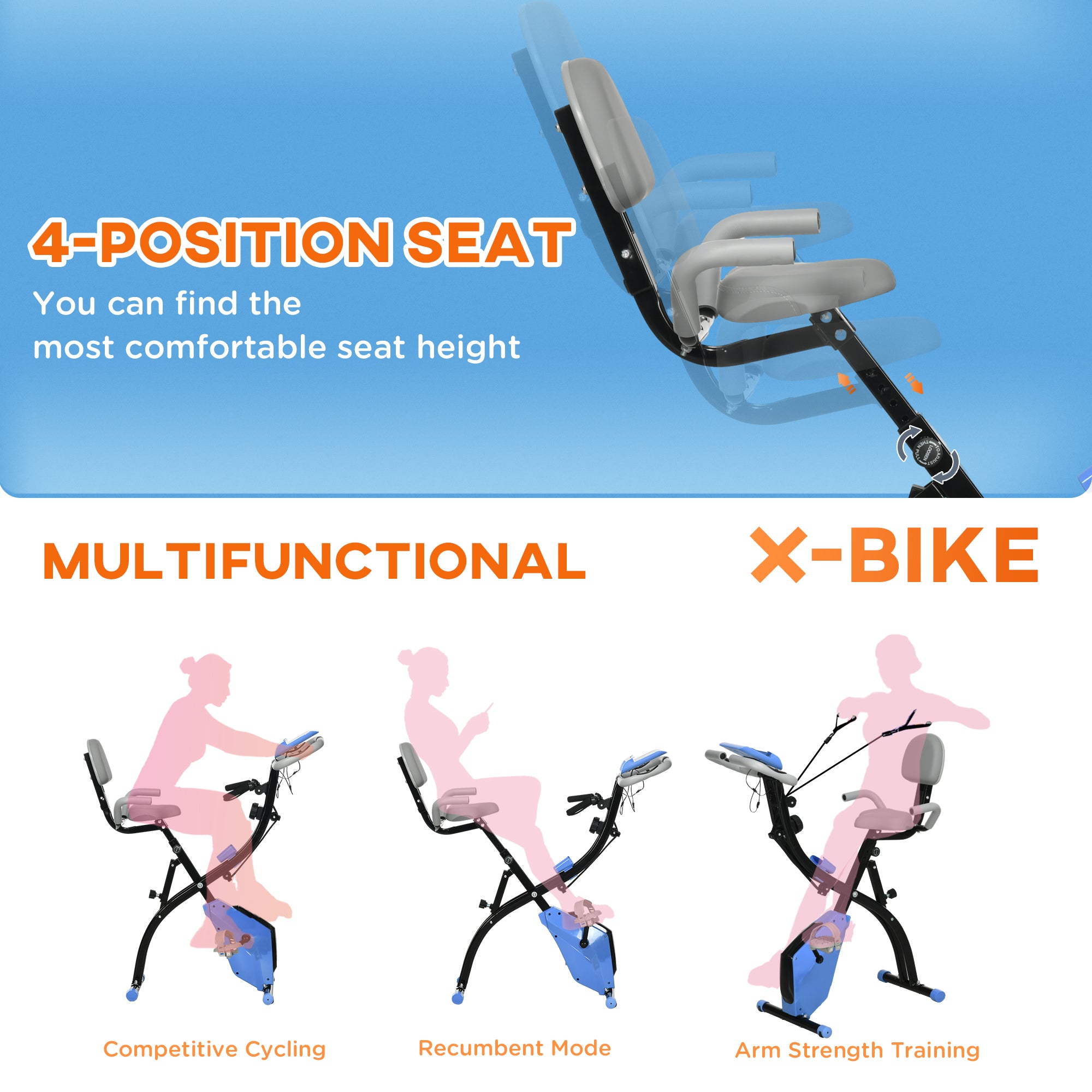 HOMCOM 2-in-1 Folding Exercise Bike with 8-Level Magnetic Resistance, Arm Resistance Band, Pulse Sensor, Blue - North Peak Garden Furniture