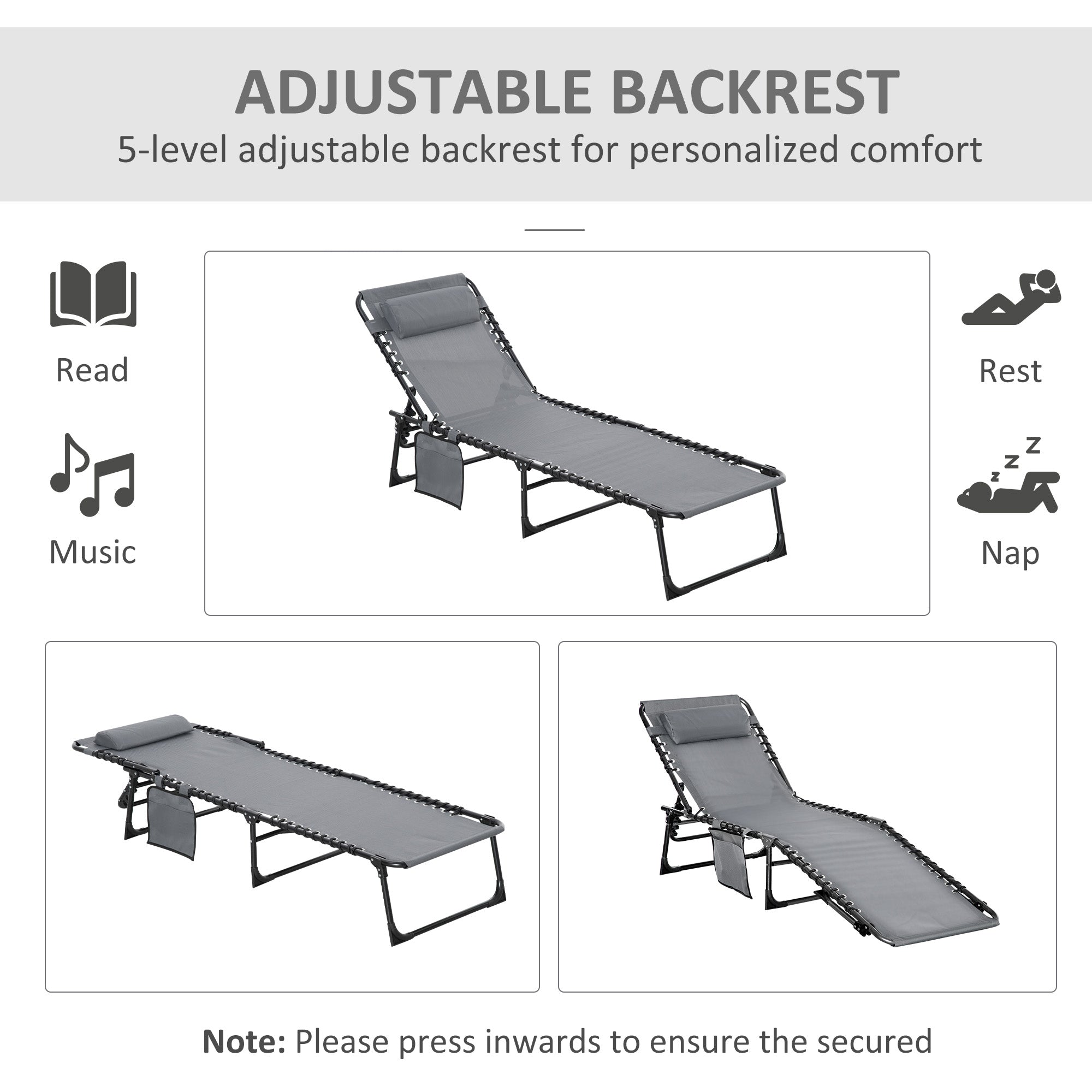 Outsunny Portable Sun Lounger Set of 2, Folding Camping Bed Cot, Reclining Lounge Chair 5-position Adjustable Backrest with Side Pocket, Pillow for Patio Garden Beach Pool, Grey - North Peak Garden Furniture