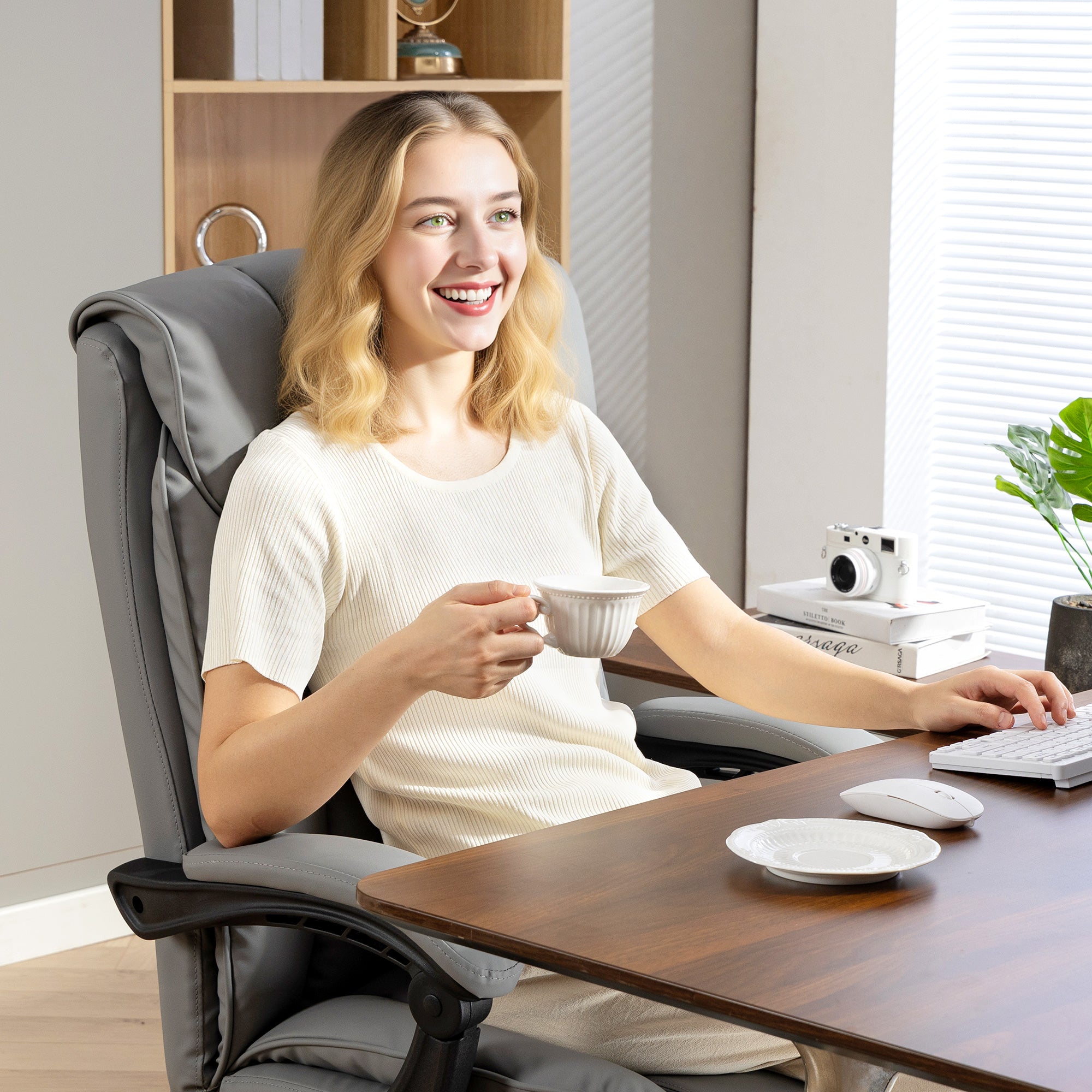 HOMCOM 155° Reclining Faux Leather Swivel Office Chair -Black