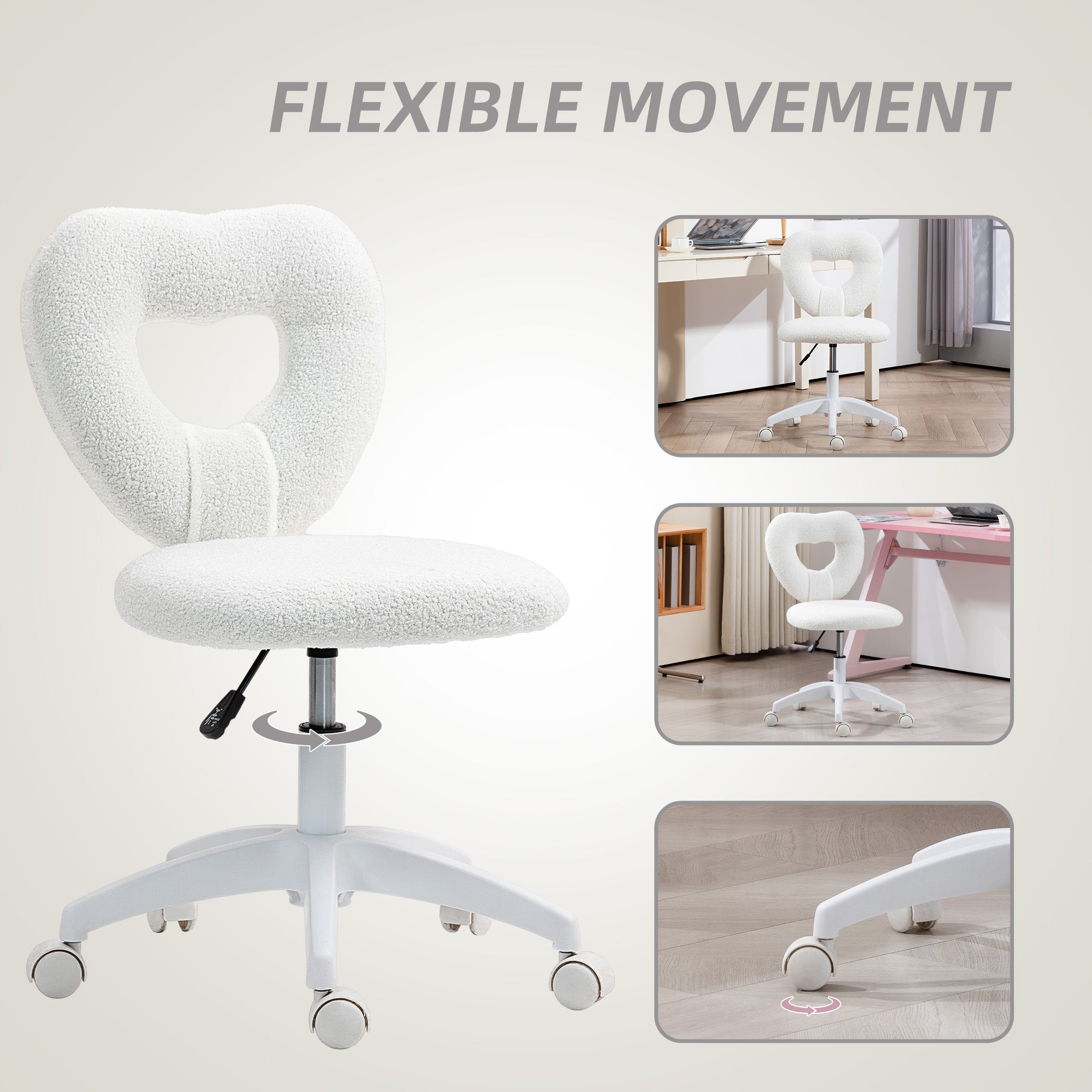 HOMCOM Armless Heart Computer Desk Chair, Teddy Fleece Swivel Office Chair, Makeup Vanity Chair with Height Adjustable, Wheels, for Home Study Bedroom, White - North Peak Garden Furniture