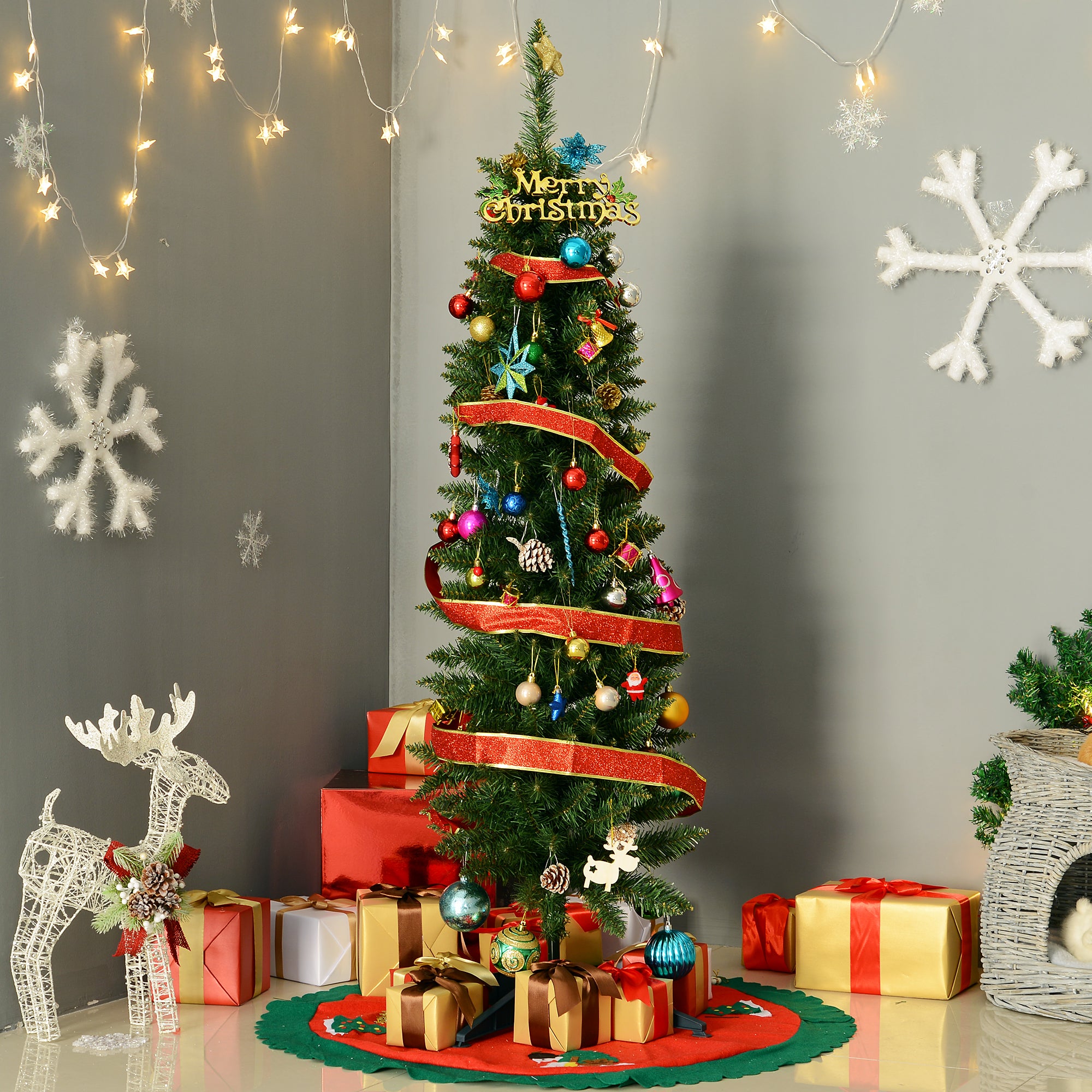 HOMCOM 5ft Unlit Artificial Christmas Tree, Pencil Slim Xmas Tree with Solid Stand and Realistic Branches, Green - North Peak Garden Furniture