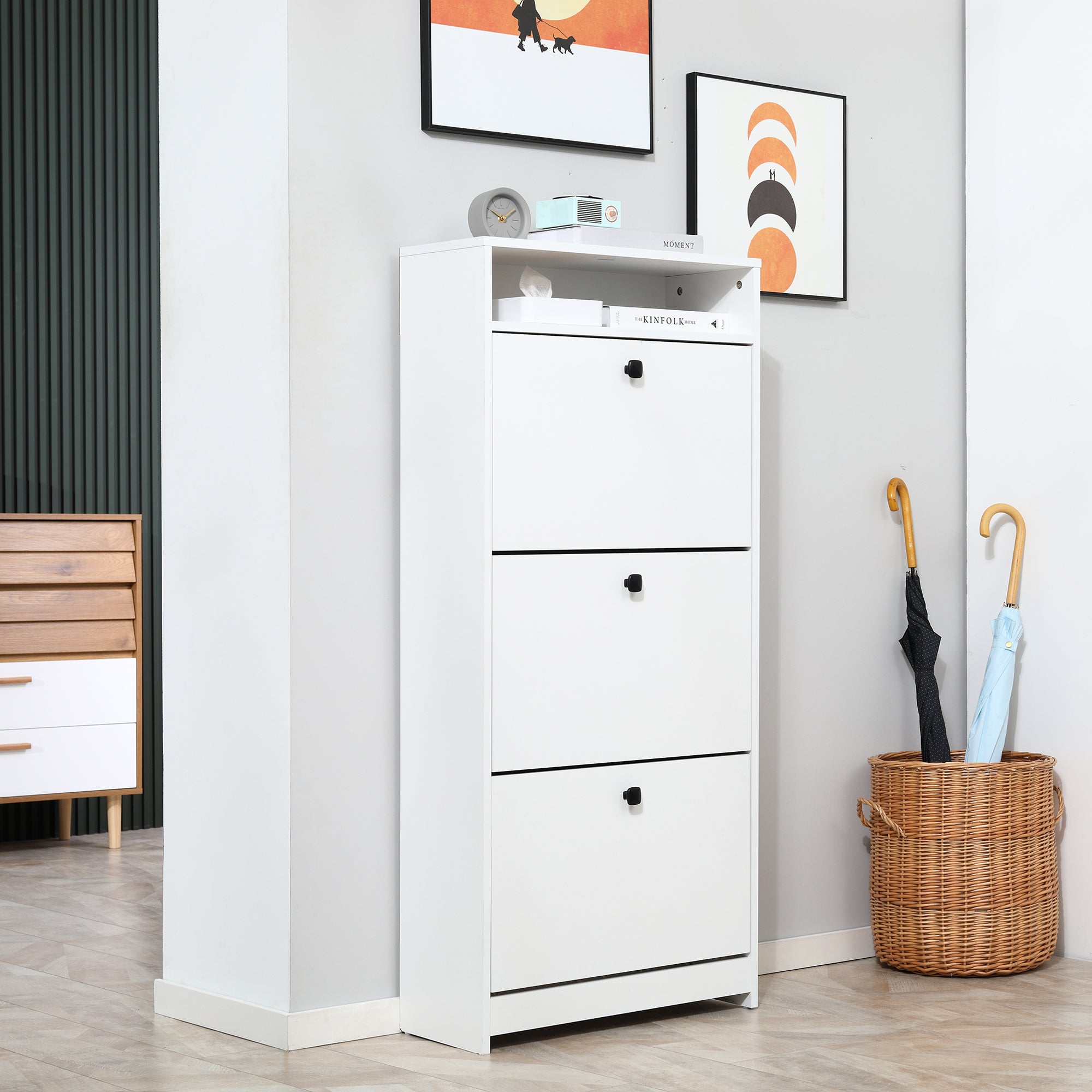 HOMCOM Shoe Storage Cabinet Footwear Organiser Rack Hallway Space-saving w/ 3 Drawers -White - North Peak Garden Furniture