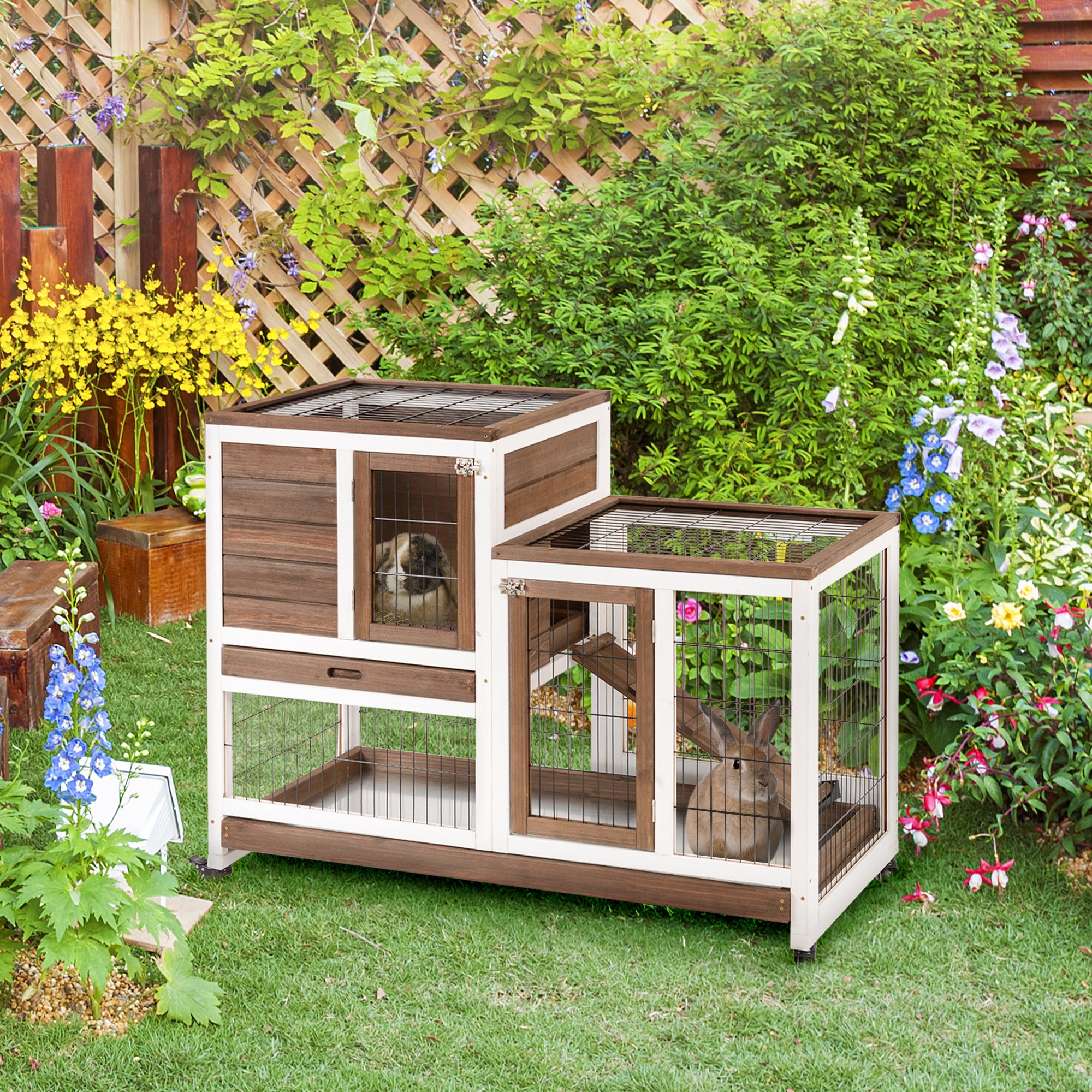 PawHut Two-Tier Rabbit Hutch Pet Cage, with Wheels - Brown - North Peak Garden Furniture