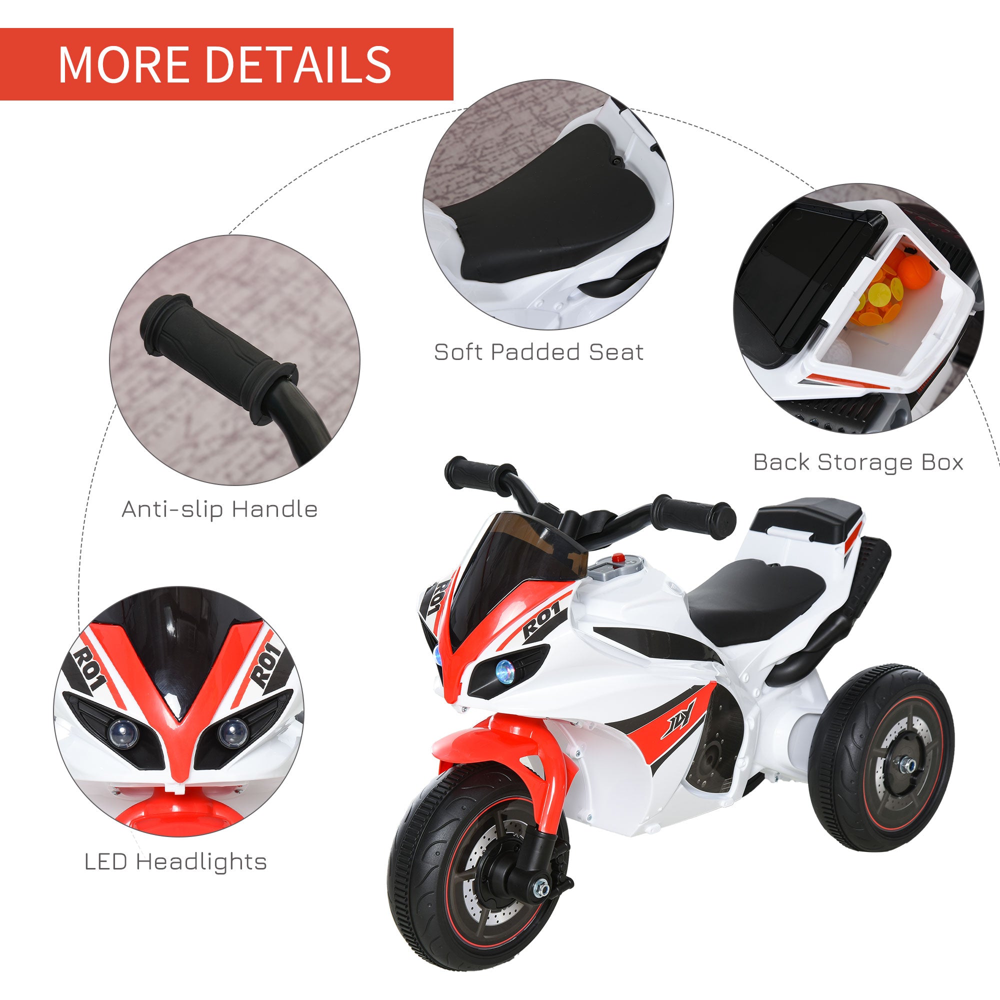 HOMCOM Kids Ride-On Police Bike 3-Wheel Vehicle w/ Music Lights Safe Seat Handlebars Toddler NO POWER Child Learning Fun Development 18-36 Months White - North Peak Garden Furniture