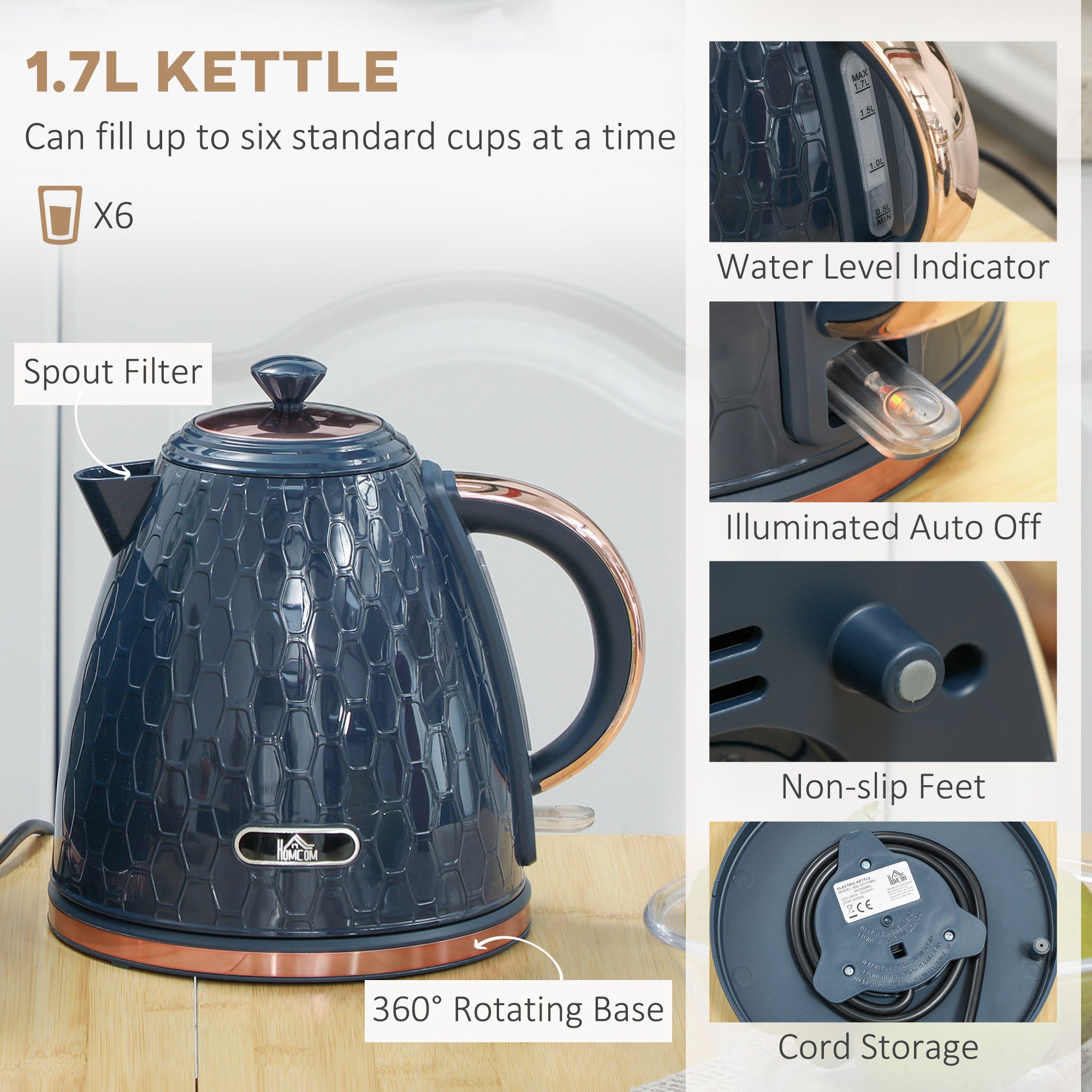 HOMCOM 1.7L 3000W Fast Boil Kettle & 2 Slice Toaster Set, Kettle and Toaster Set with Auto Shut Off, Browning Controls, Blue - North Peak Garden Furniture