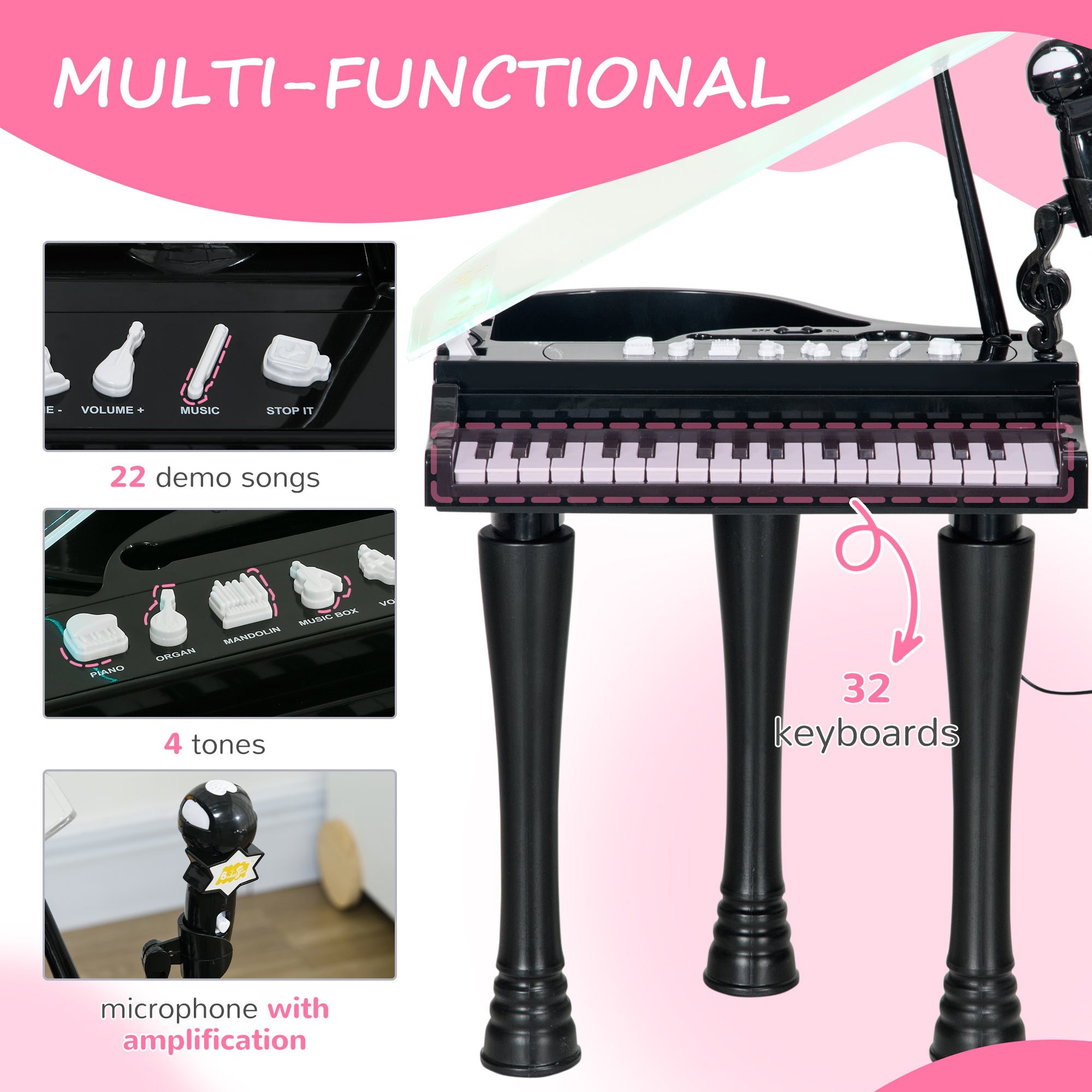 AIYAPLAY 32-Key Kids Piano Keyboard, with Stool, Lights, Microphone, Sounds, Removable Legs - Black - North Peak Garden Furniture
