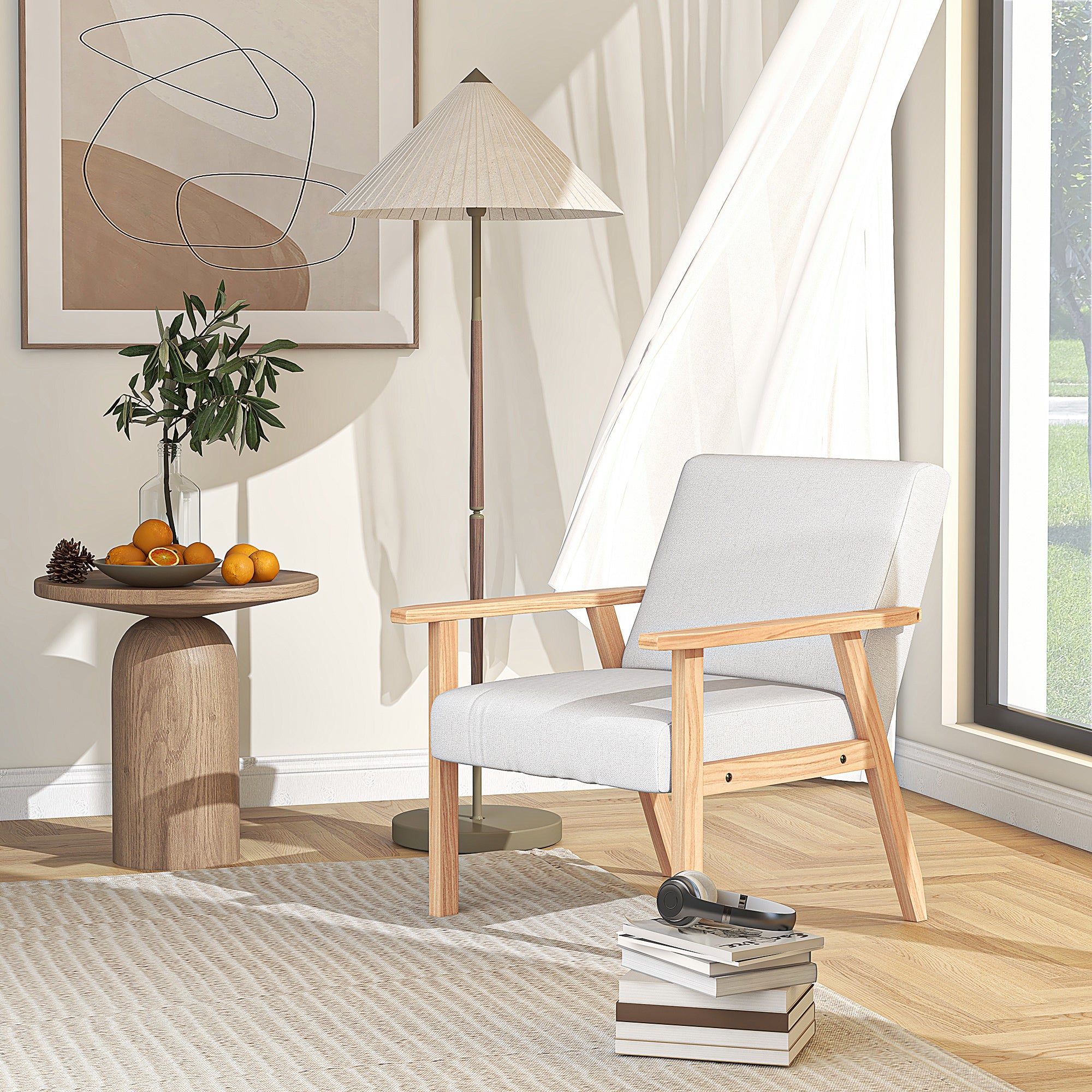 HOMCOM Accent Chair Wood Frame with Thick Linen Cushions Wide Seat Armchair Home Furniture Bedroom Office Cream White - North Peak Garden Furniture