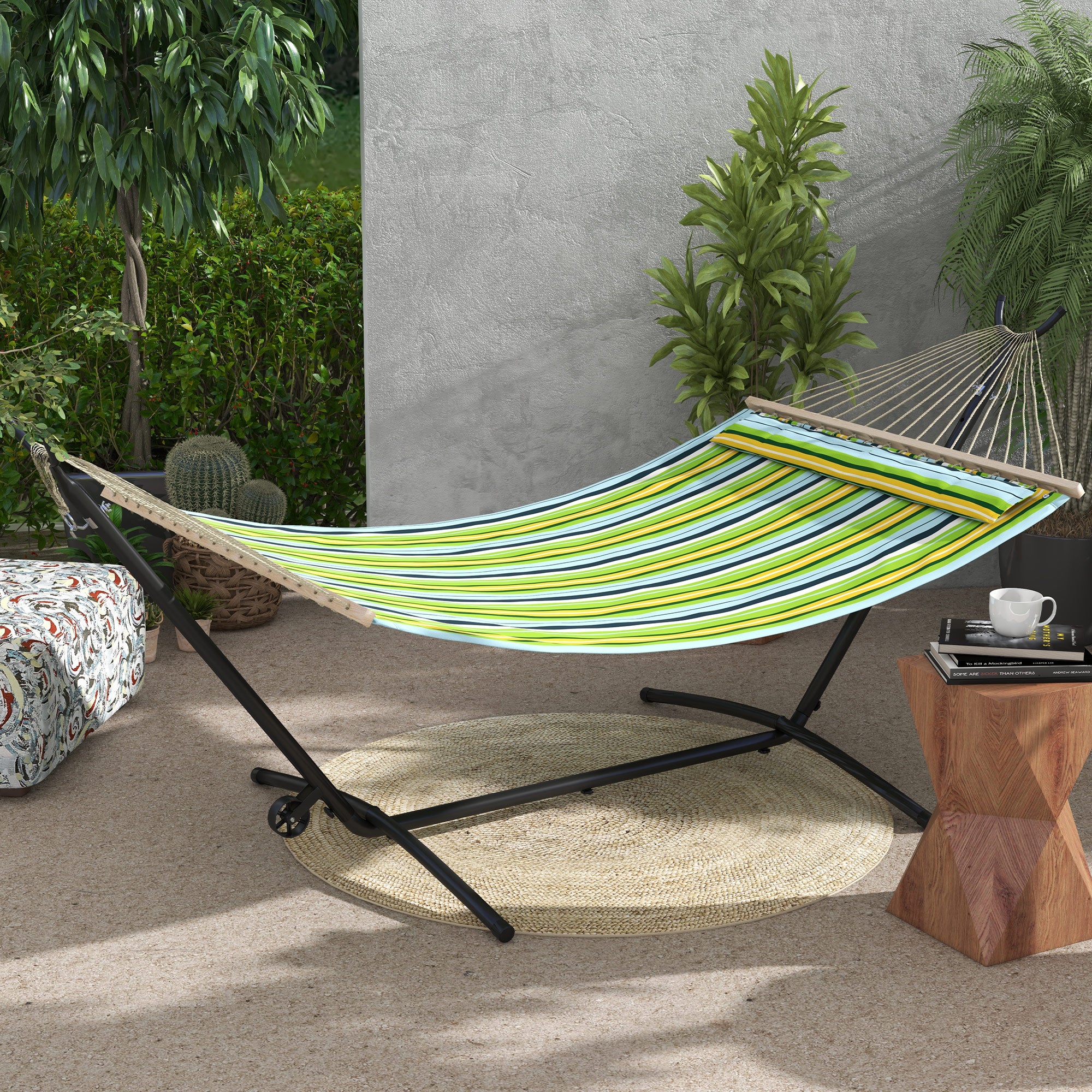 Outsunny 9.5ft Hammock Stand, Portable Hammock with Wheels, Adjustable Hammock Net Stand with Carry Bag, for String-style, Brazilian-style, Flat-style, Rope-style Hammocks, Black - North Peak Garden Furniture