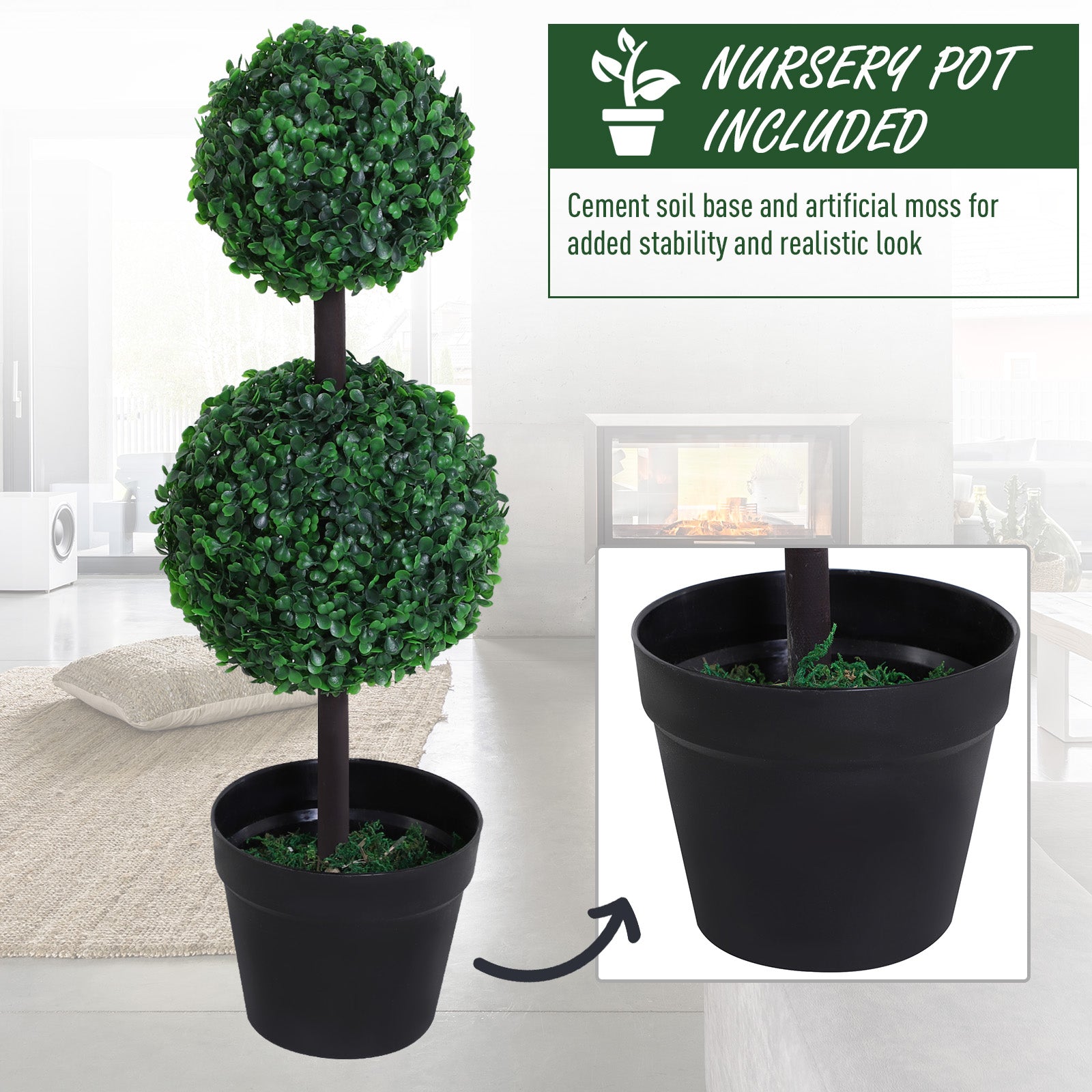 Outsunny Set of 2 Artificial Boxwood Ball Topiary Trees Potted Decorative Plant Outdoor and Indoor Décor (67cm) - North Peak Garden Furniture