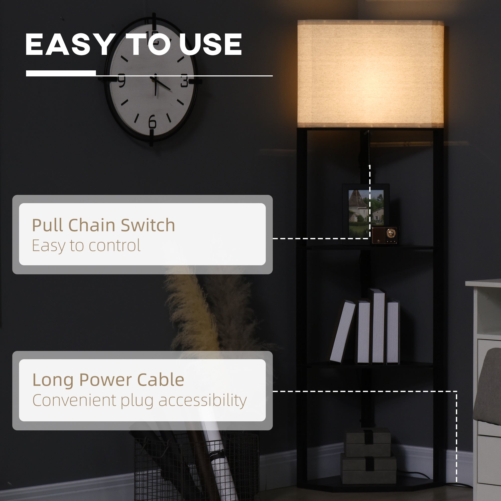 HOMCOM Corner Floor Lamp with Shelves, Modern Tall Standing Lamps for Living Room, Bedroom, with Chain Switch Bulb not Included, Black - North Peak Garden Furniture
