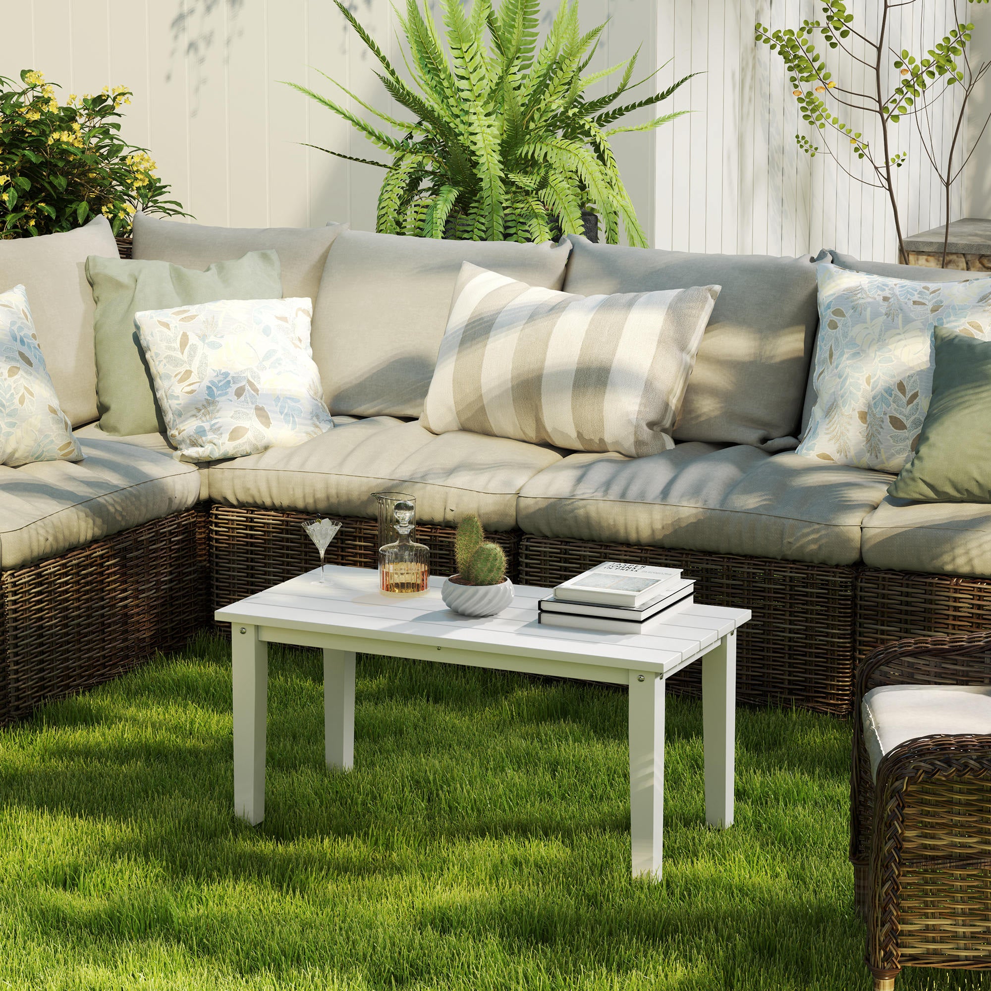 Outsunny Outdoor Garden Coffee Table, HDPE All-Weather Garden Table, Rectangular Outdoor Table with Slatted Tabletop for Patio, Balcony, 91 x 44 x 42 cm, White - North Peak Garden Furniture