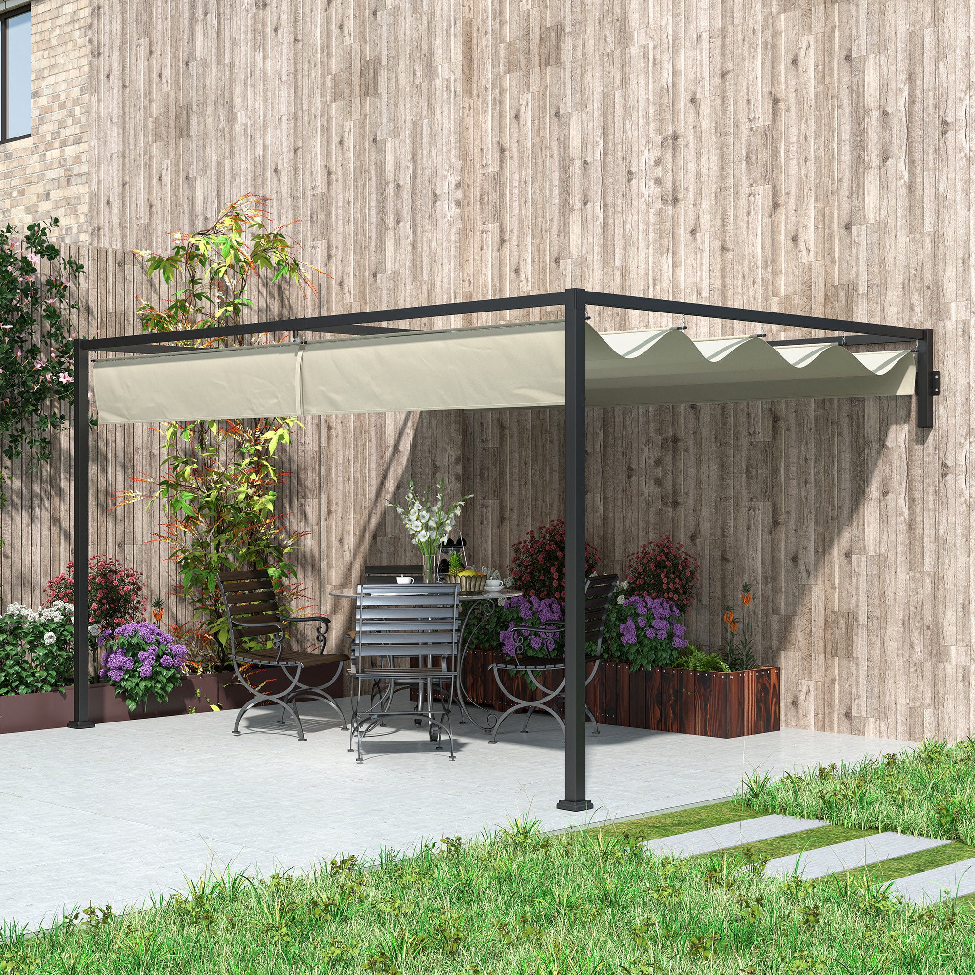 Outsunny 3 x 4m Steel Pergola, with Retractable Canopy - Khaki - North Peak Garden Furniture