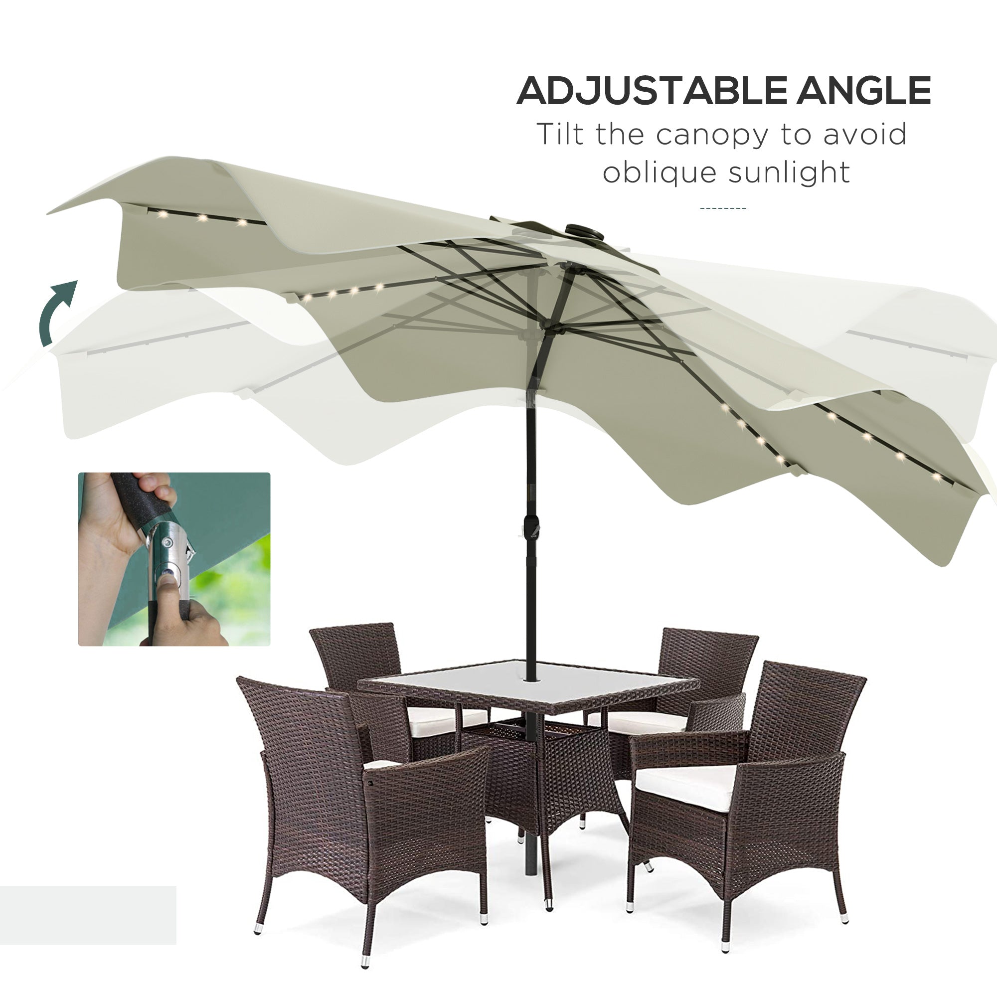 Outsunny Solar Patio Umbrella with LED and Tilt, Outdoor Market Table Umbrella Parasol with Crank, 3 x 3 (m), Cream White - North Peak Garden Furniture
