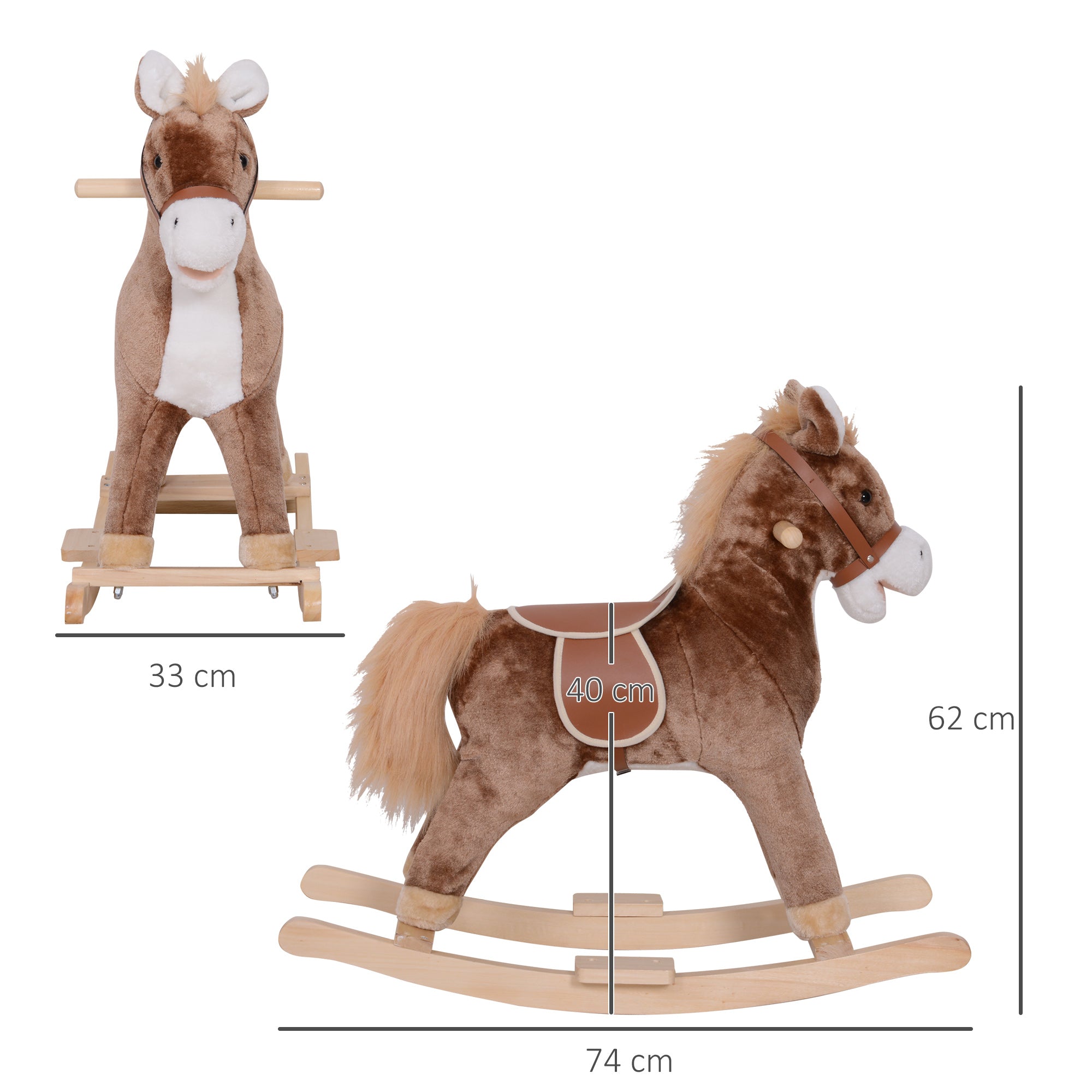 HOMCOM Kids Children Plush Rocking Horse Wooden Base Ride On Toy Rocker with Handle Grip Traditional Toy Fun Gift for Age 3+ (Brown & White) - North Peak Garden Furniture