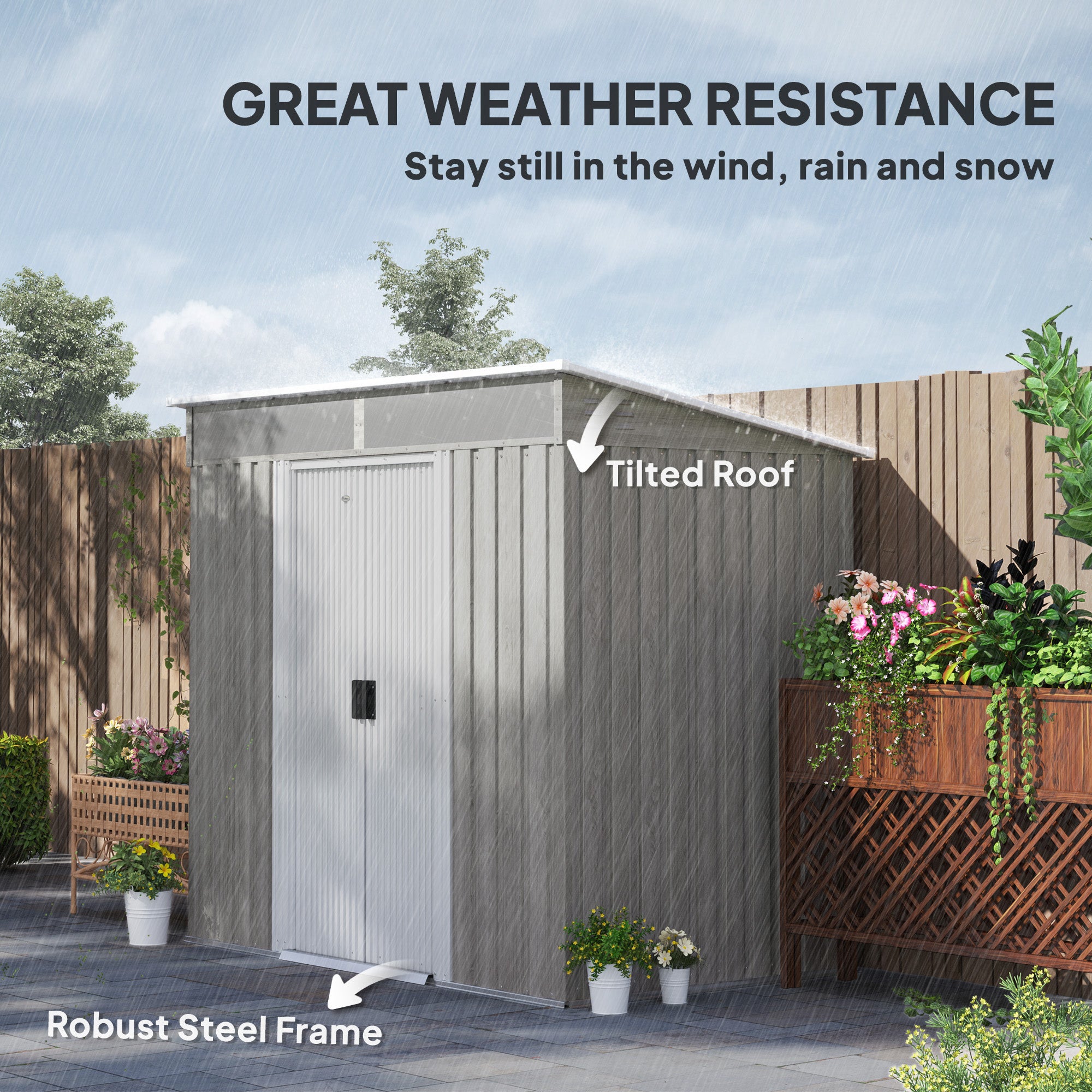 Outsunny 6.5 x 4FT Galvanised Metal Shed with Foundation Kit, Lockable Tool Garden Shed with Double Sliding Doors, Vents, Light Grey Wood Effect - North Peak Garden Furniture