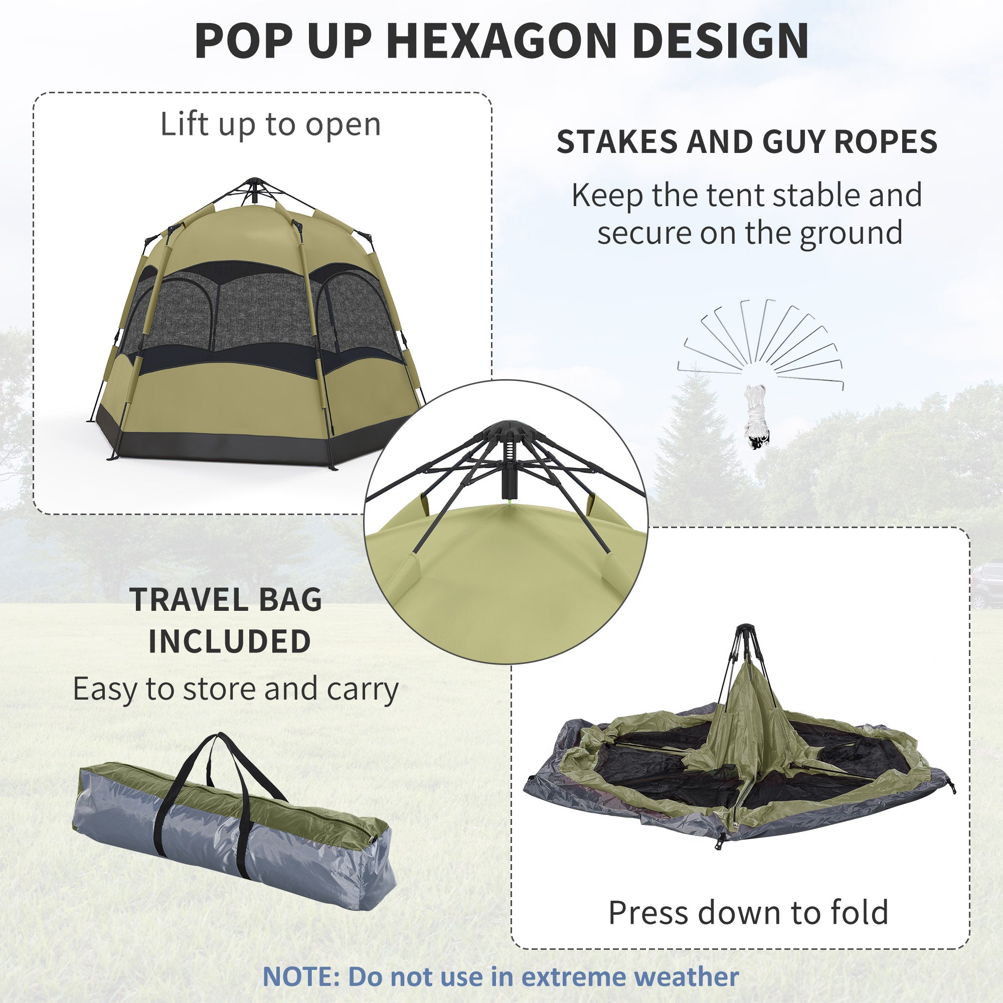 Outsunny Six Man Hexagon Camping Tent with Hang Hook and Carry Bag - Dark Green and Light Grey - North Peak Garden Furniture