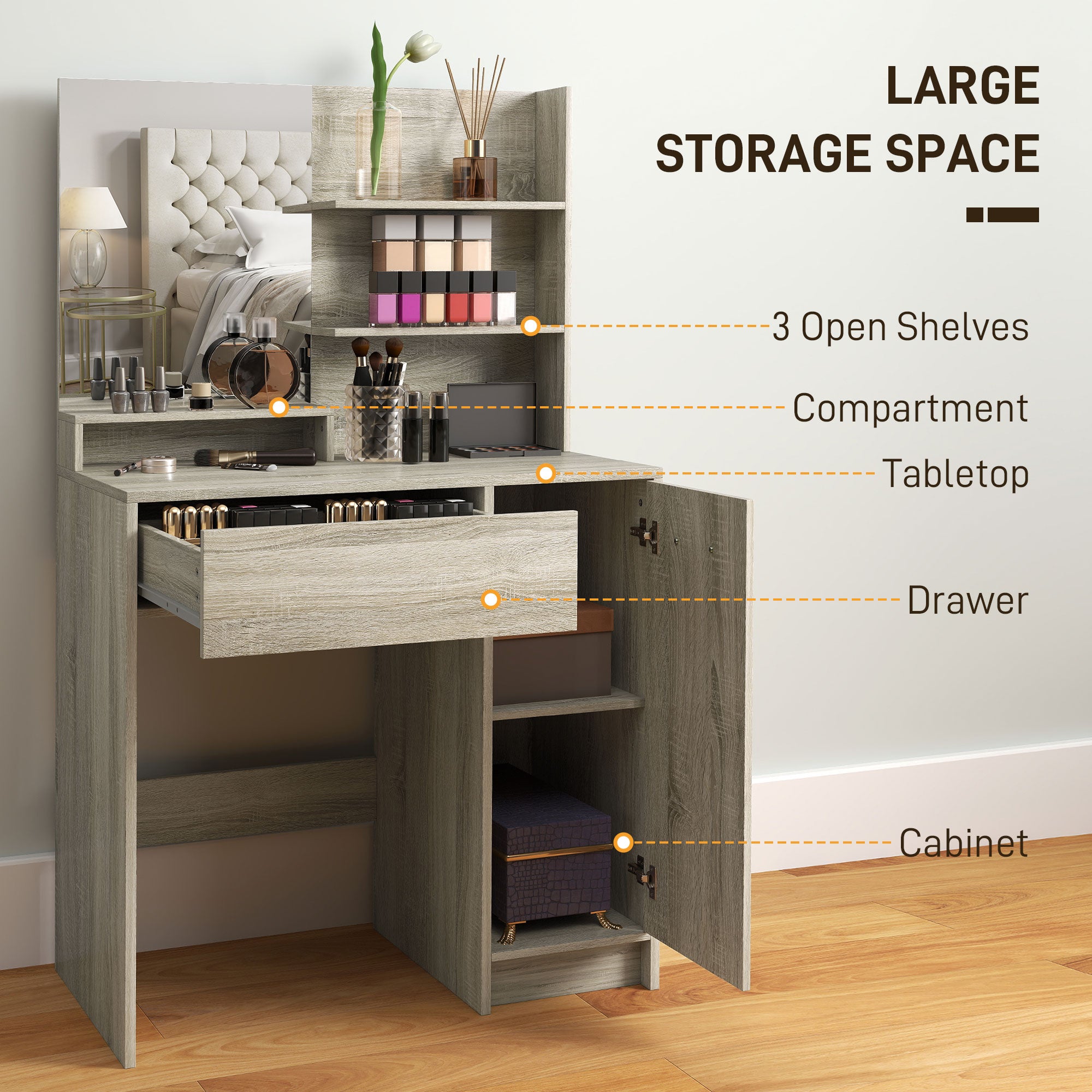 HOMCOM Dressing Table and Stool Set, with Storage - Natural Wood Finish - North Peak Garden Furniture
