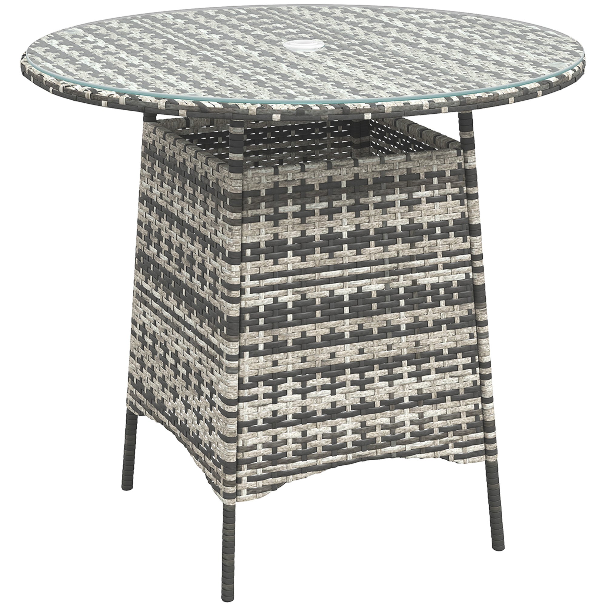 Outsunny Wicker Garden Rattan Table, Patio Furniture Outdoor Coffee Table with Umbrella Hole and Tempered Glass Top, Grey - North Peak Garden Furniture