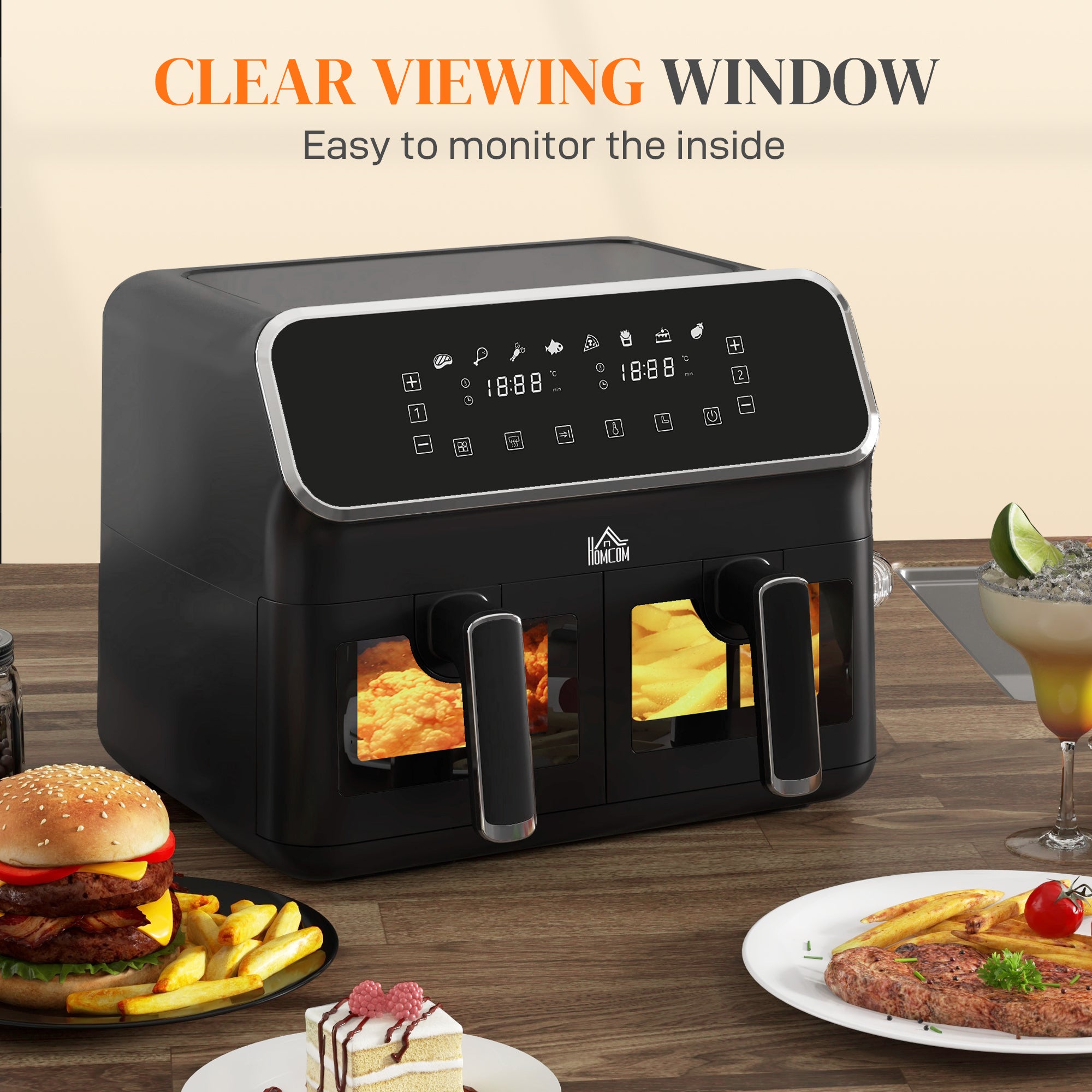 HOMCOM 8L Dual Basket Air Fryer, 80-200℃, with Sync Function - Black/Silver - North Peak Garden Furniture