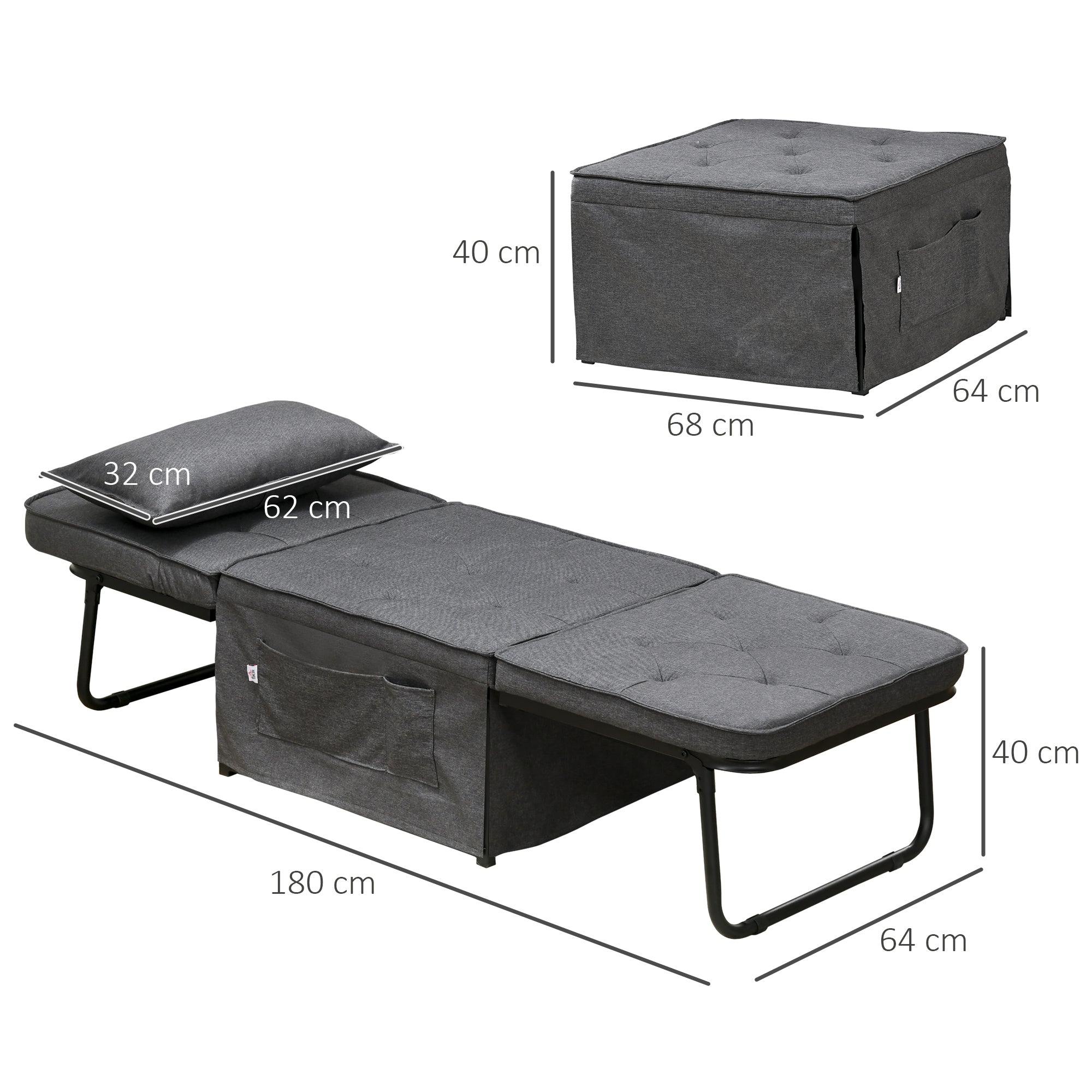 HOMCOM Fabric Sleeper Chair, Folding Chair Bed with Adjustable Backrest, Pillow, Side Pockets for Living Room, Charcoal Grey - North Peak Garden Furniture
