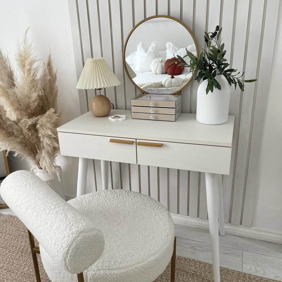 HOMCOM Modern Dressing Table with Round Mirror, Makeup Vanity Table with 2 Drawers for Bedroom, Living Room, White