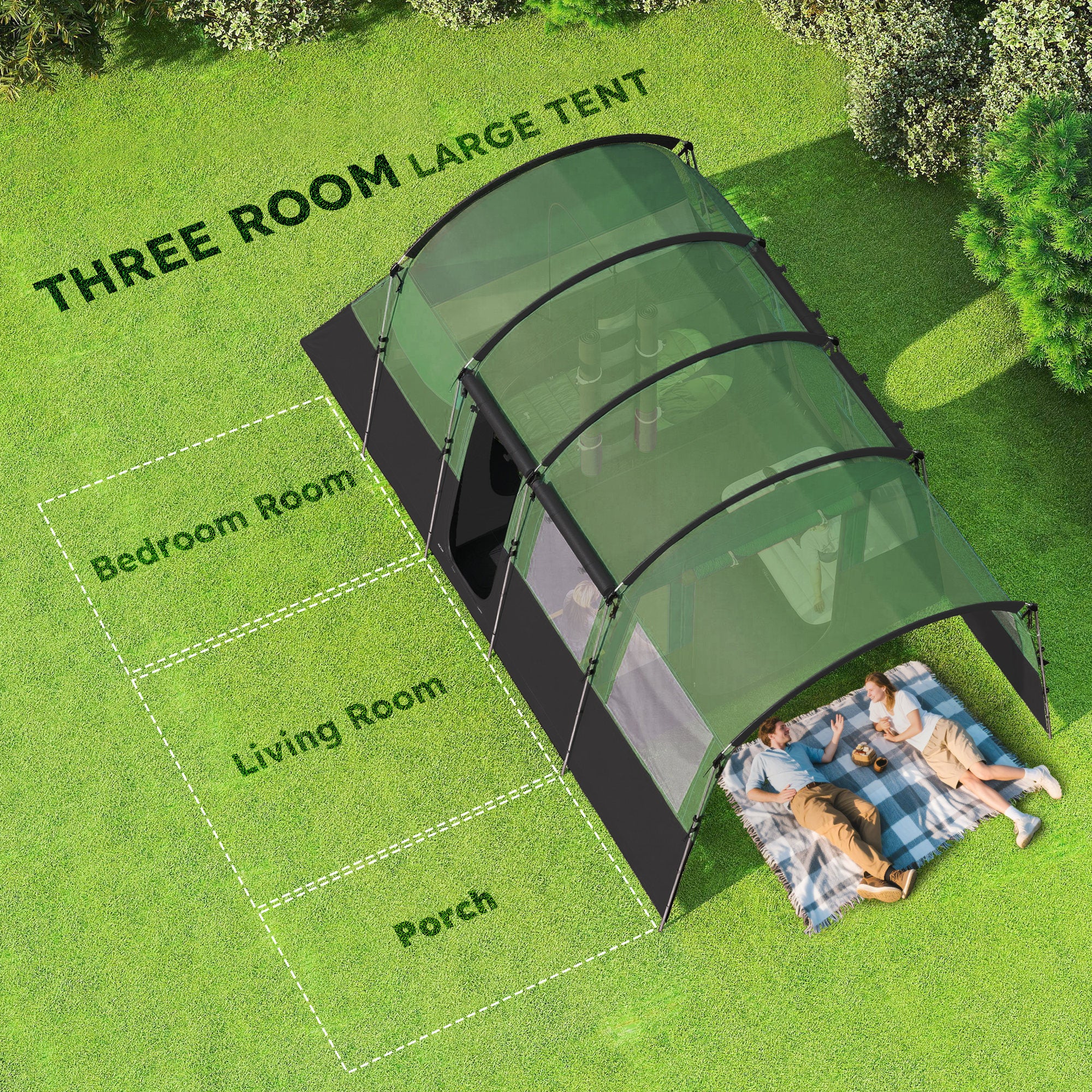 Outsunny 8-Person Camping Tent, Waterproof Family Tent, Tunnel Design, 4 Large Windows, Sleeping Cabins 3000mm Water Column Green - North Peak Garden Furniture