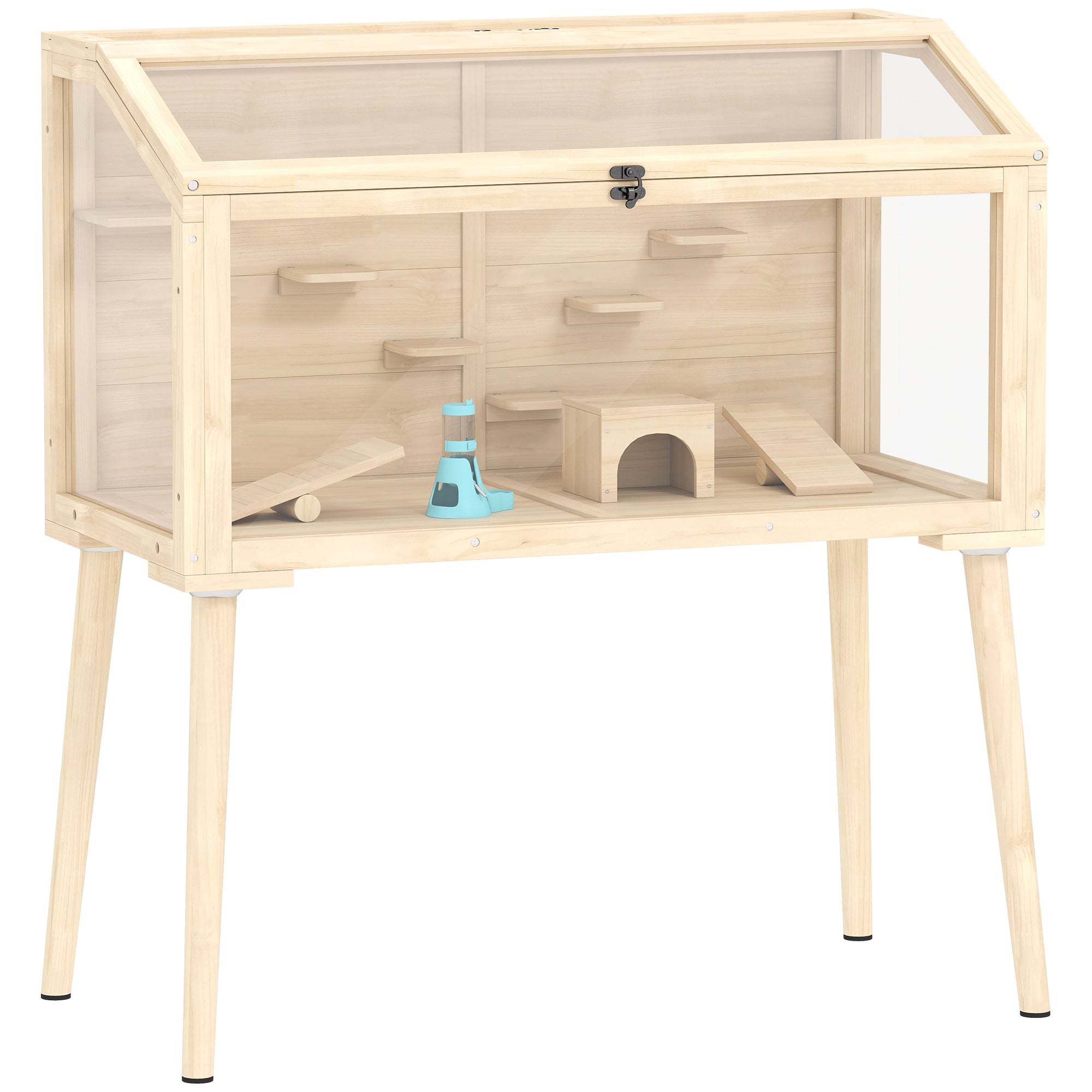 PawHut Wooden Hamster Cage, Hamster Habitat with Openable Top, Seesaws, Platforms, Water Bottle for Gerbils, 110 x 52 x 101 cm