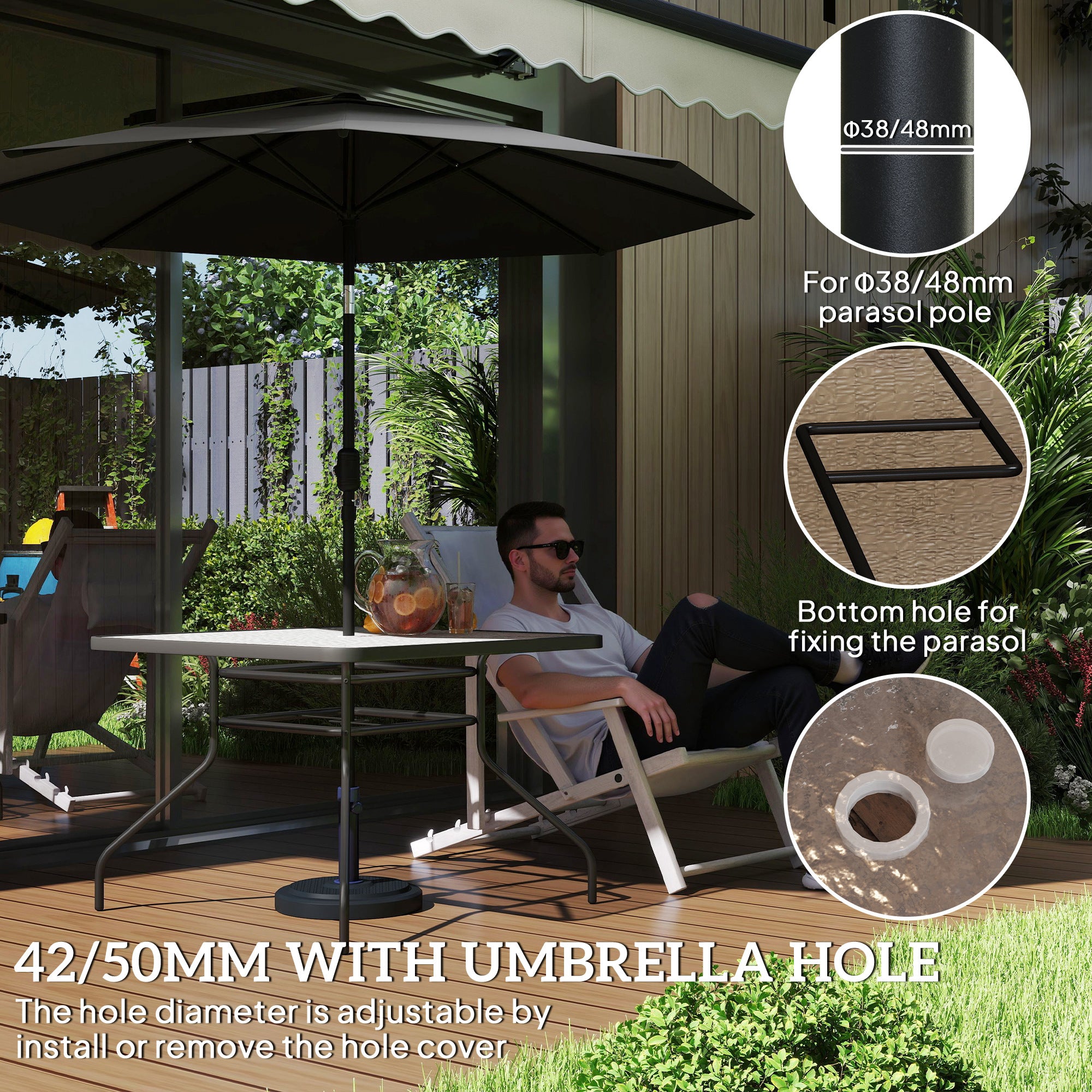 Outsunny Square Garden Dining Table with Tempered Glass Top & Umbrella Hole, 100 x 100 cm - North Peak Garden Furniture