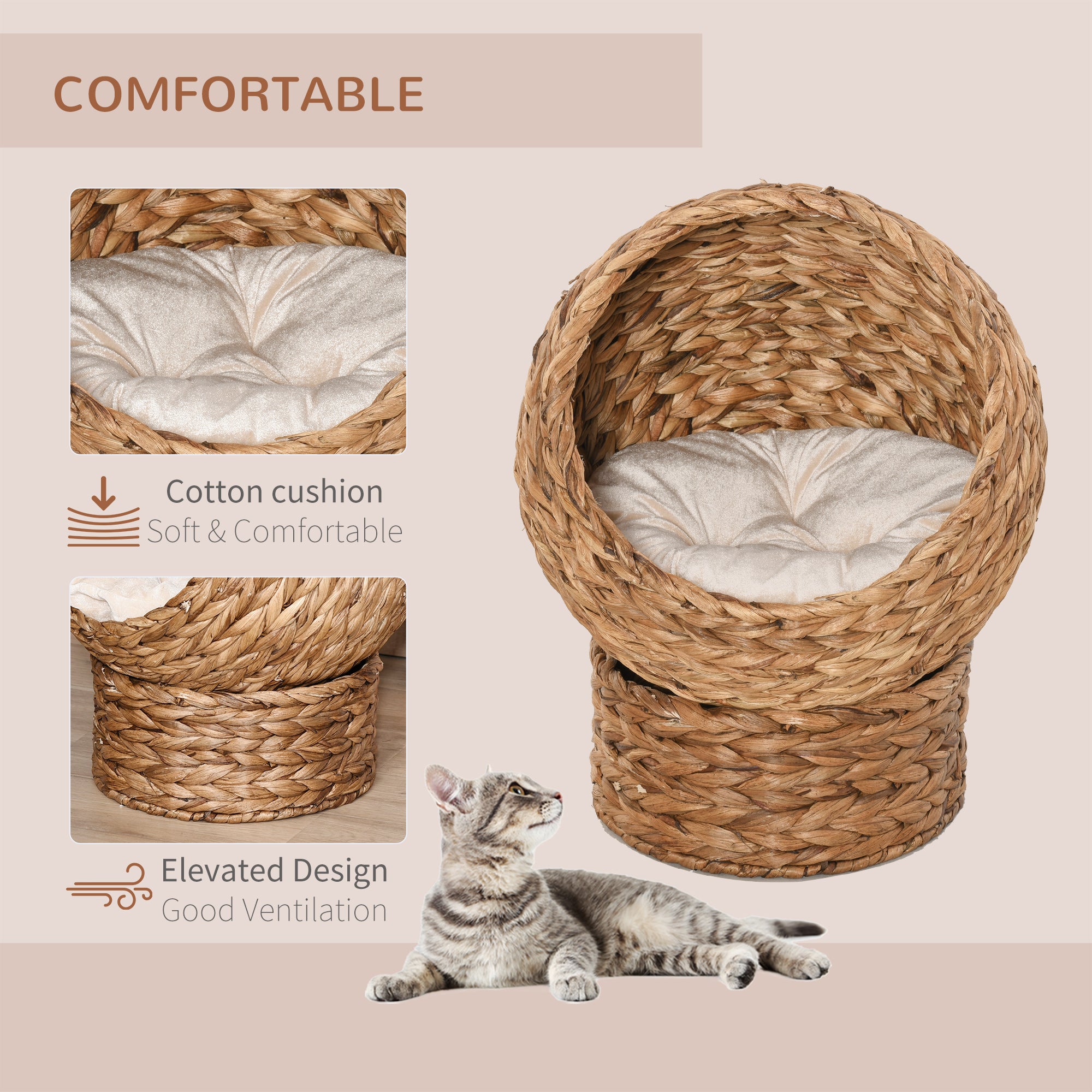 PawHut Wicker Cat Bed, Raised Rattan Cat Basket with Cylindrical Base, Soft Washable Cushion, 50 x 42 x 60 cm - Brown