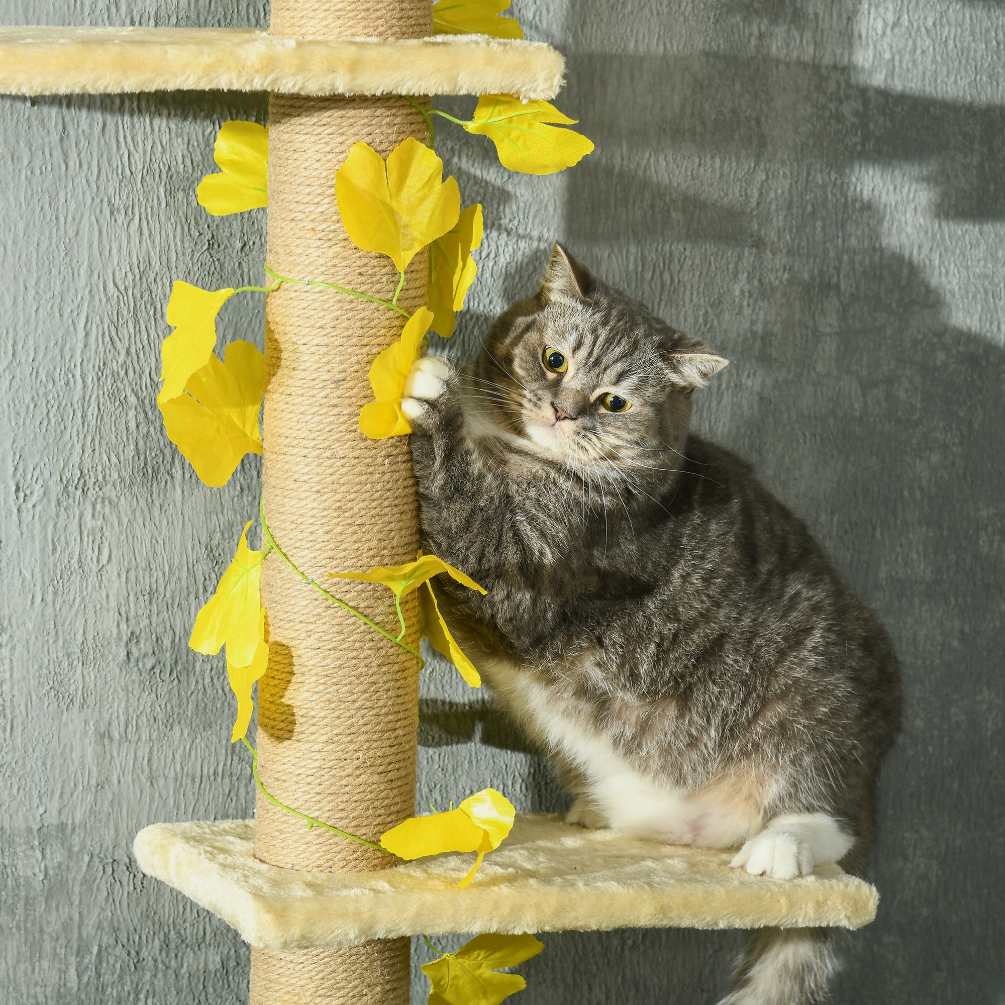 PawHut 242cm Adjustable Floor-To-Ceiling Cat Tree, with Artificial Decoration, Perches, Anti-Slip Kit - Yellow - North Peak Garden Furniture