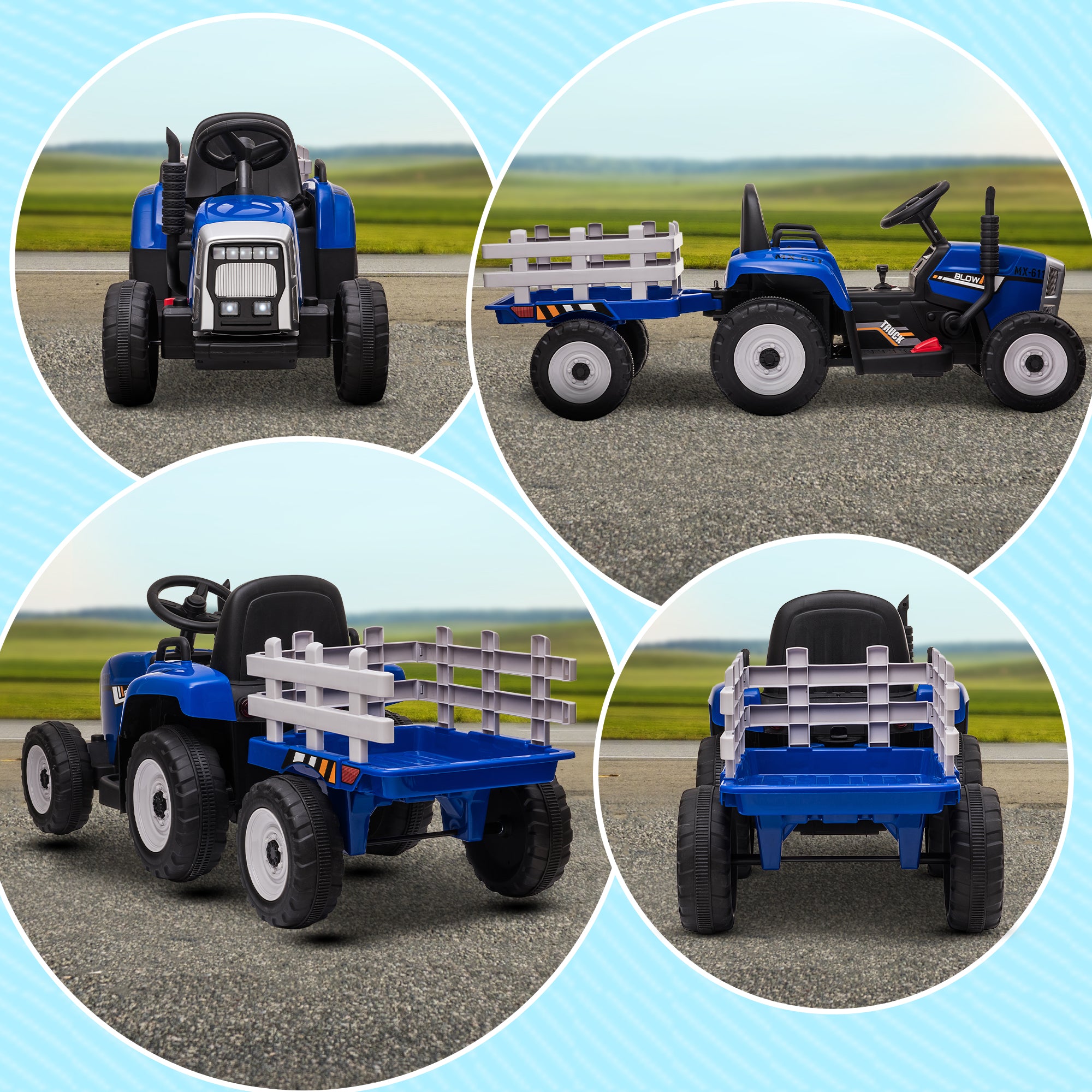 HOMCOM Ride On Tractor, Battery Powered Electric Car, with Detachable Trailer, Remote Control, Music - Blue - North Peak Garden Furniture