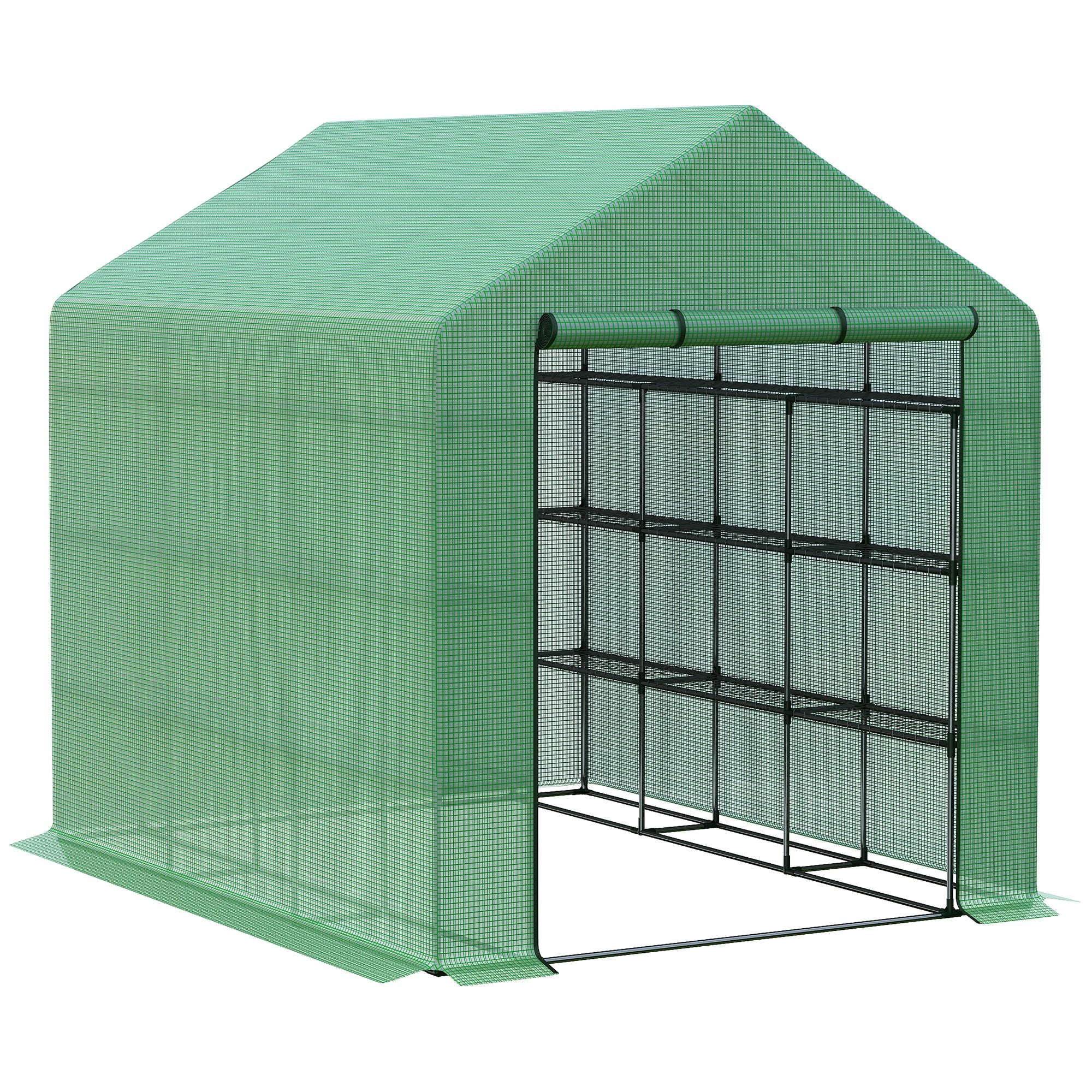 Outsunny Walk-in Greenhouse with 4 Tier 24 Shelves, Portable Grow House with Roll-up Zipped Door, 244 x 180 x 210cm, Green - North Peak Garden Furniture