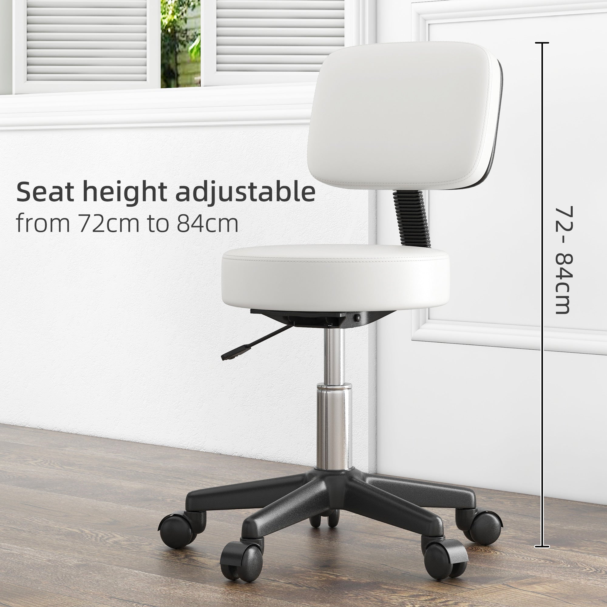 HOMCOM Beautician's Swivel Salon Chair w/ Padded Seat Back 5 Wheels Adjustable Height Salon Hairdressers Tattoo Spa Rolling Cushion Professional 48cm White - North Peak Garden Furniture