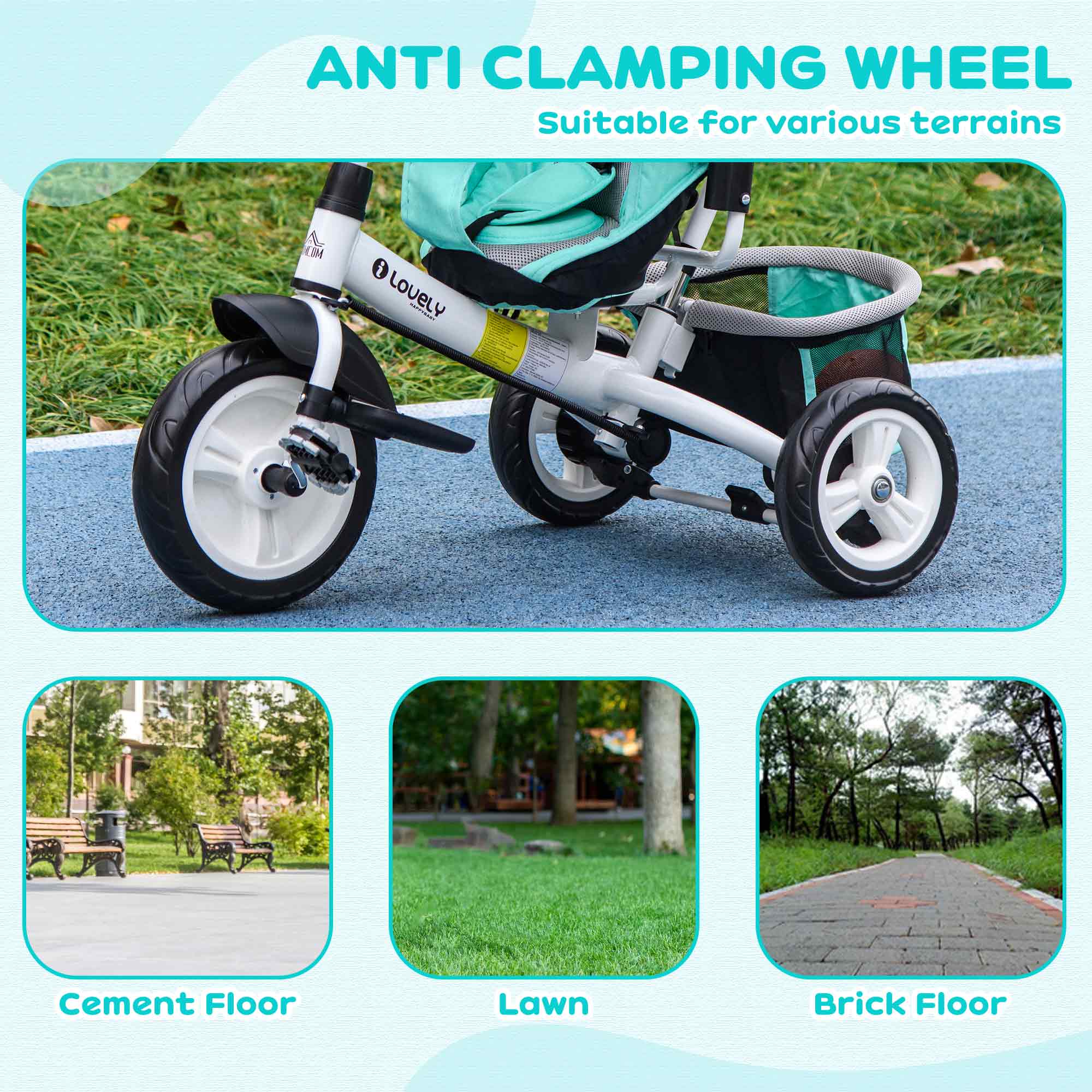 HOMCOM 6 in 1 Kids Trike Push Bike w/ Push Handle, Canopy, 5-point Safety Belt, Storage, Footrest, Brake, for 1-5 Years, Green - North Peak Garden Furniture