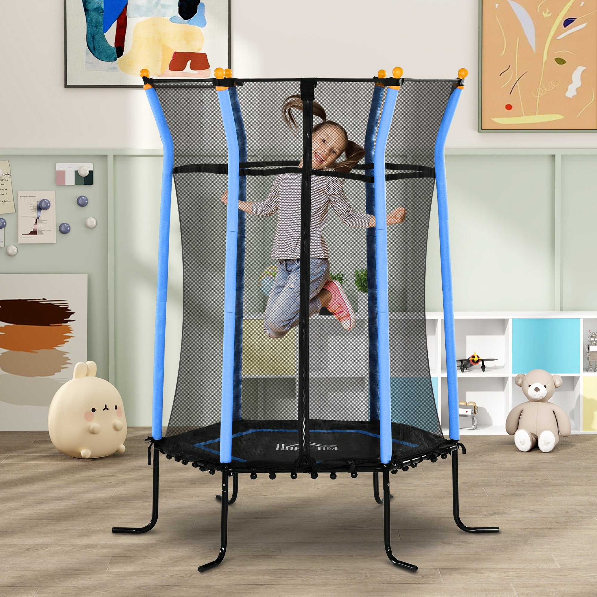 HOMCOM Kids Trampoline Mini Bouncer with Enclosure Safety Net For Ages 3-10 Years - Blue