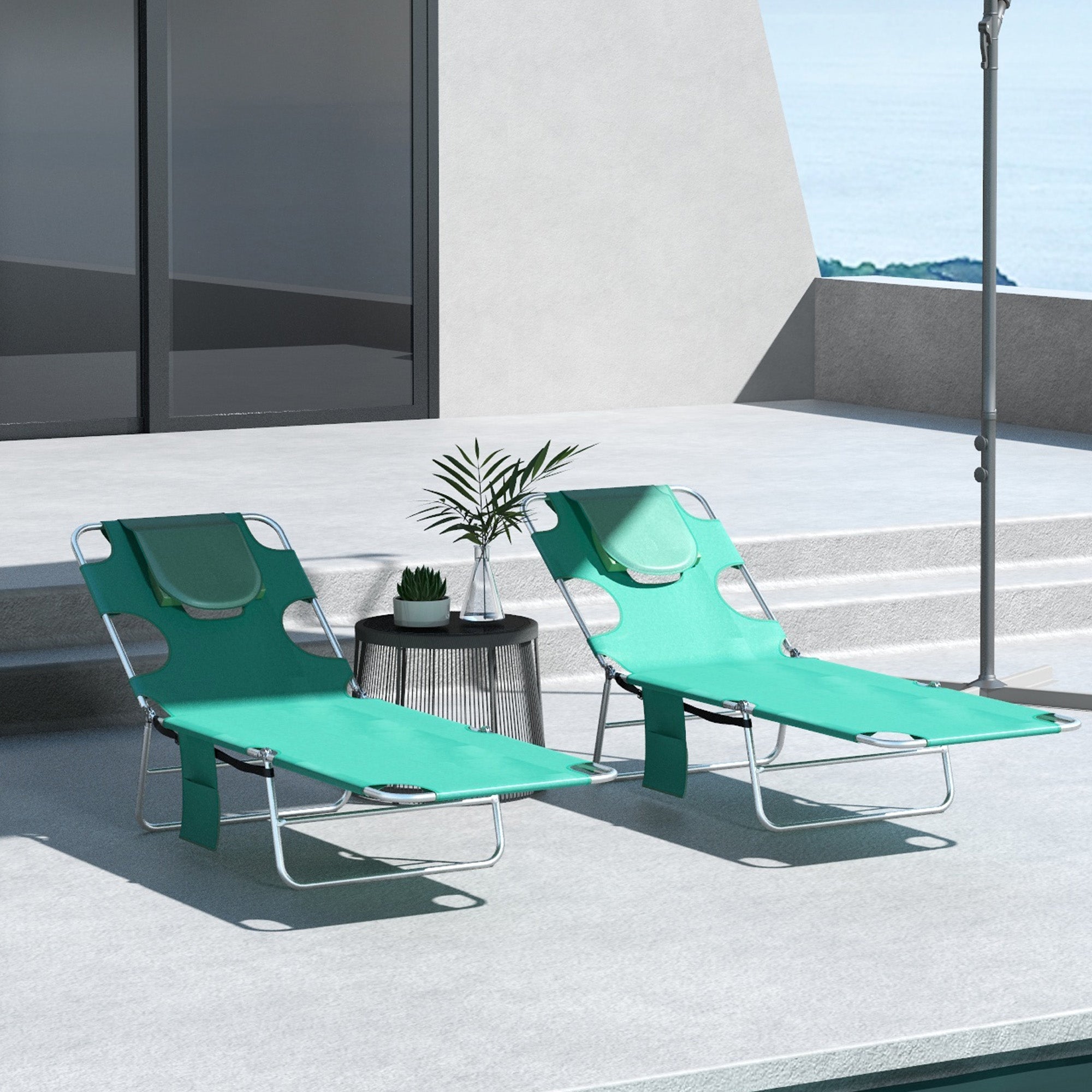 Outsunny Foldable Sun Lounger Set of 2 with Reading Hole, Portable Sun Lounger with 5 Level Adjustable Backrest, Reclining Lounge Chair with Side Pocket, Headrest Pillow, Green - North Peak Garden Furniture