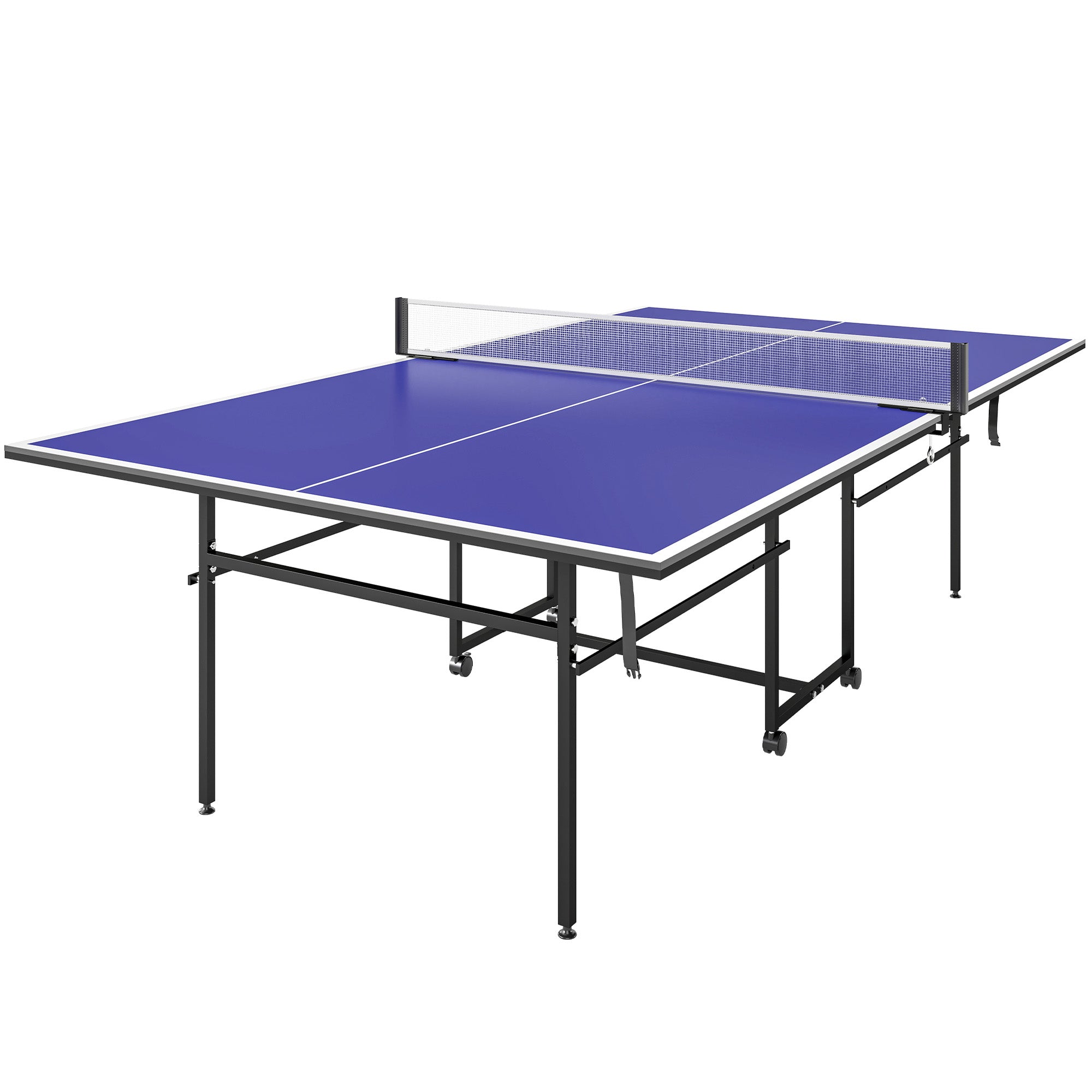 SPORTNOW 9FT Folding Table Tennis Table with 4 Wheels, for Indoor Use, Blue