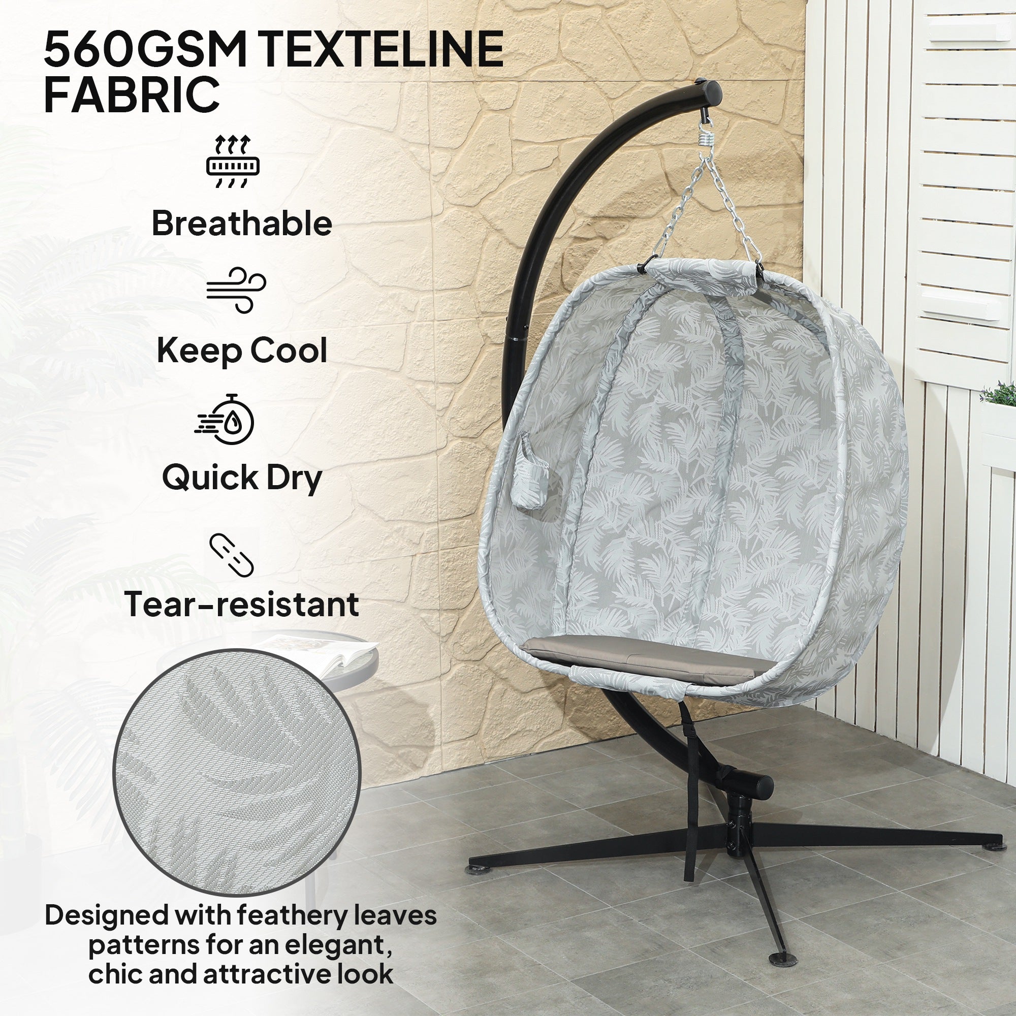 Outsunny Hanging Egg Chair Outdoor Indoor Garden Swing Chair with Folding Basket, Garden Hanging Chair with Stand, Thickened Cushion, Cup Holder for Patio, Balcony, Sand Brown - North Peak Garden Furniture